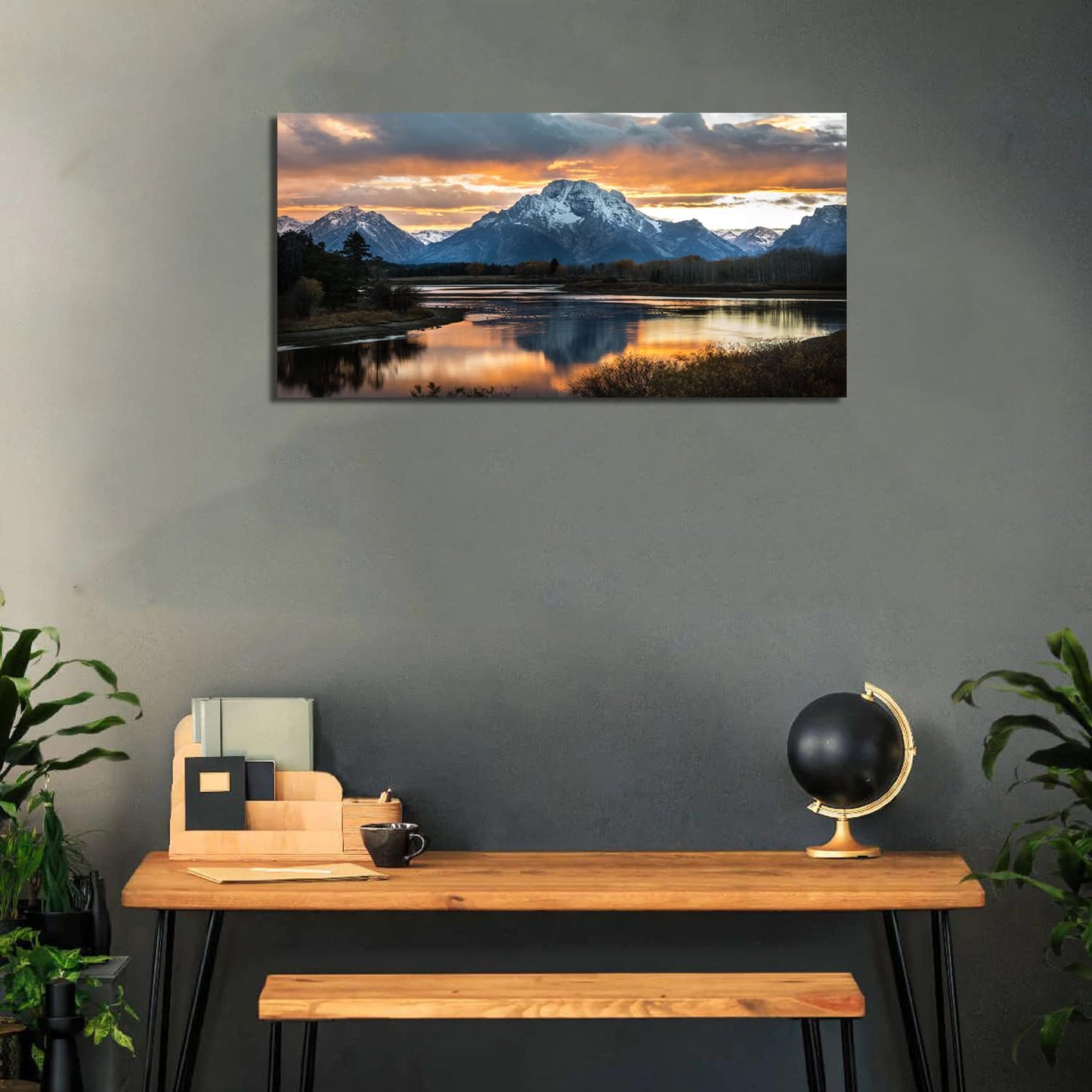 Sunset Mountain Wall Art for Living Room Nature Grand Teton Landscape Canvas Wall Decor National Park Wall Art Oxbow Bend Snake River Scenery Wyoming Painting Artwork Office Home Decoration 20x40"