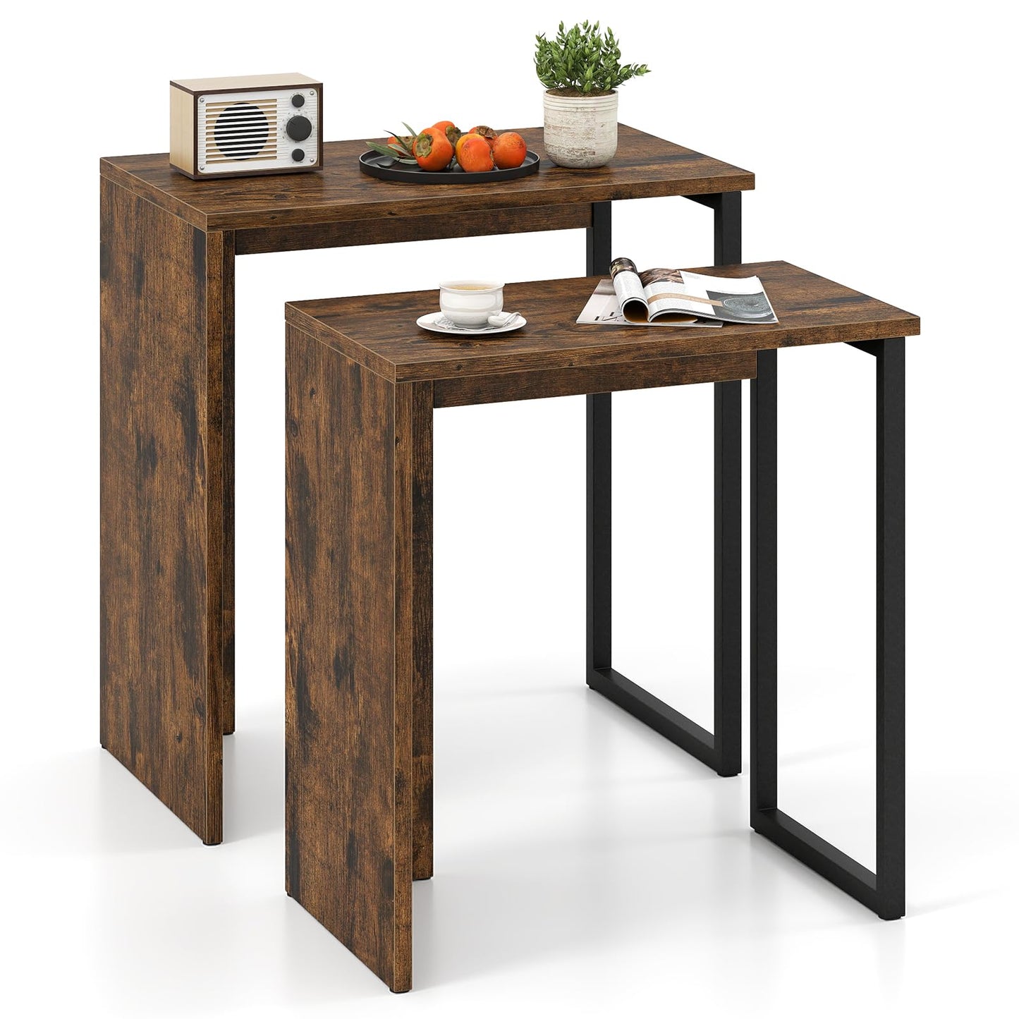 Giantex Nesting Coffee Table Set of 2, Rectangular Stackable Side Tables with Sturdy Metal Frames, Modern Nesting End Tables for Living Room, Bedroom, Rustic Brown