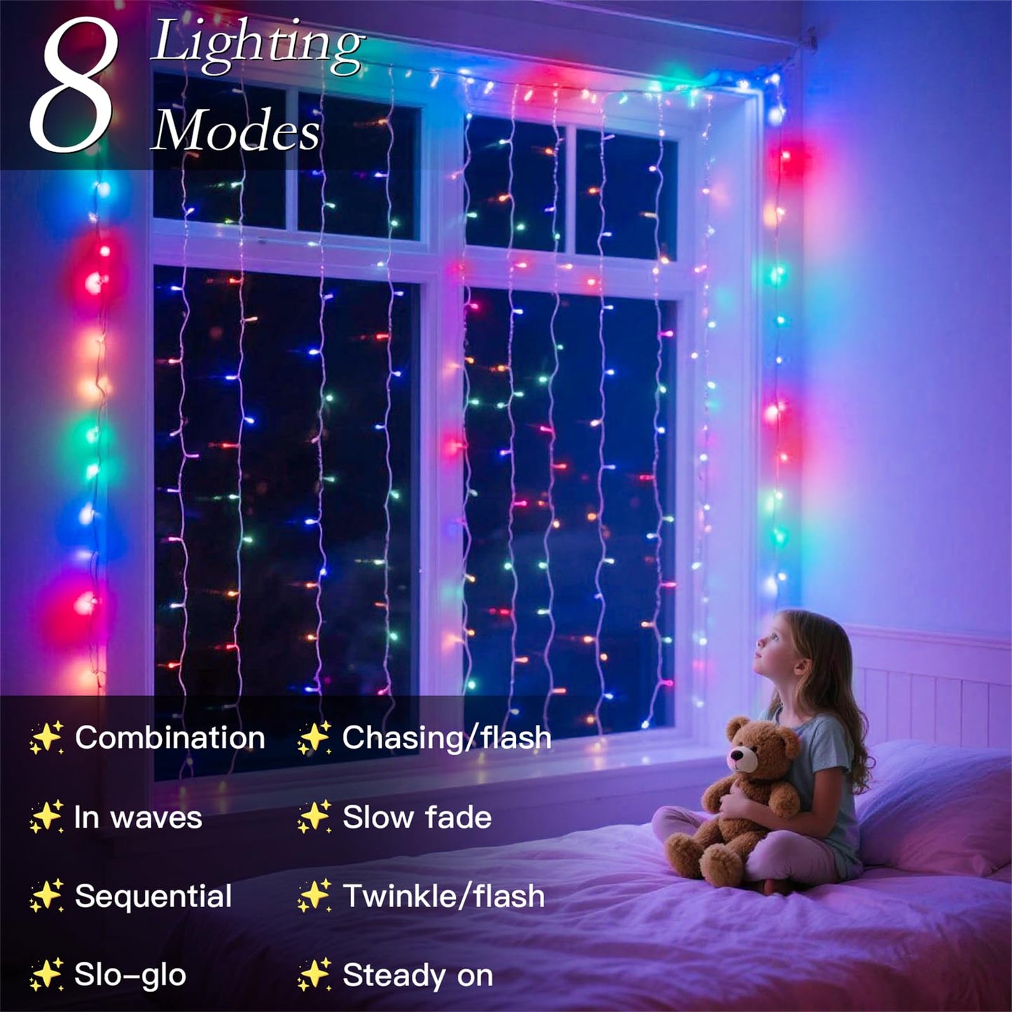 Soagrc 200 LED Rainbow Curtain String Lights 9.8 * 6.6FT Plug in Fairy with Timer and 8 Modes, Waterproof Window Wall Lights for Bedroom Wedding Party Indoor Outdoor Christmas Decor
