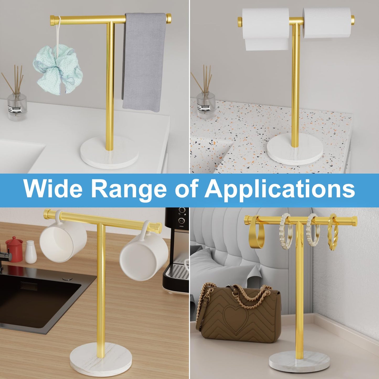 Blemoacha Hand Towel Holder, T-Shape Hand Towel Stand with Heavy Marble Base, Stainless Steel Towel Bar Rack for Bathroom Vanity, Kitchen Countertop, Gold