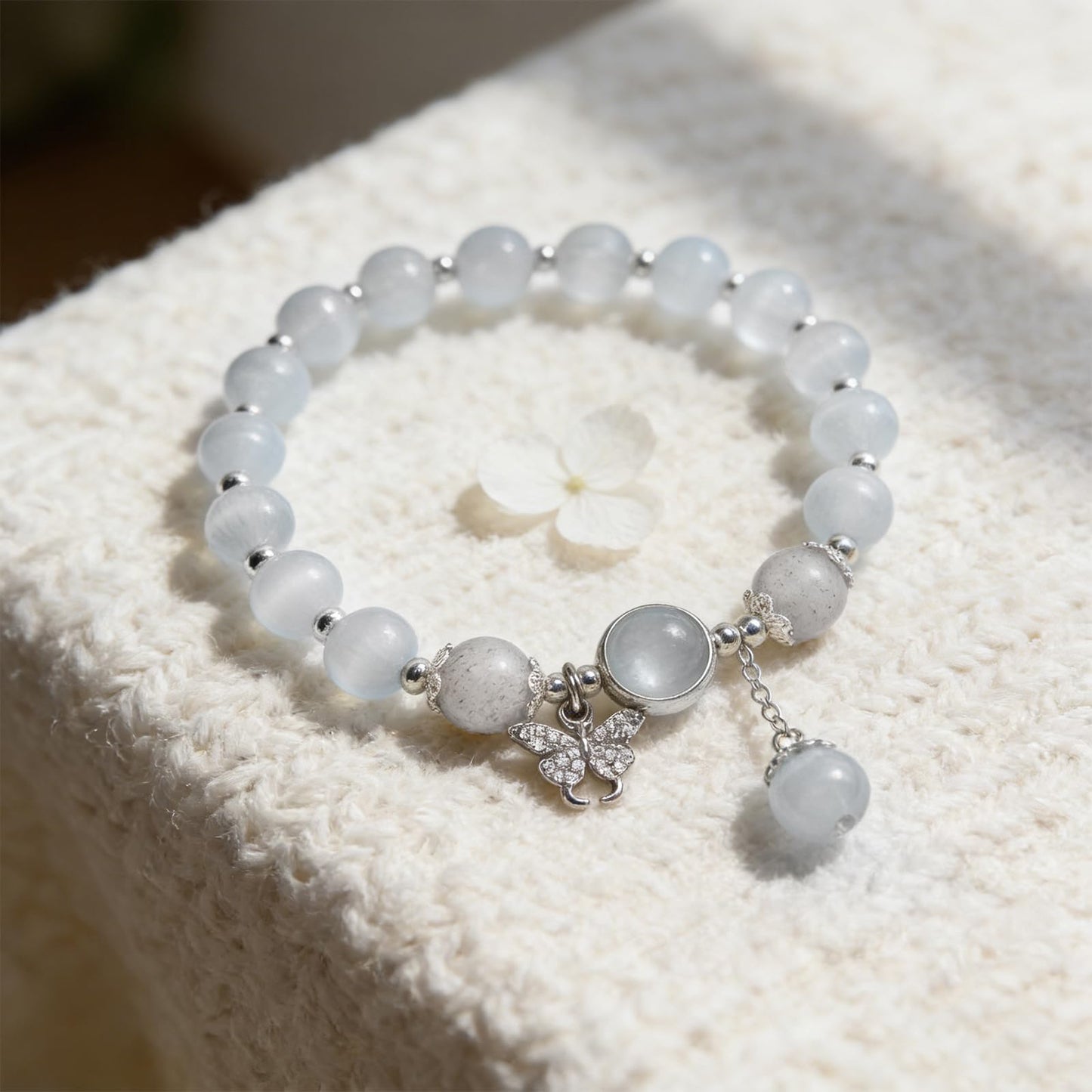 Buddha Stones Butterfly Bracelets for Women, 8mm Cats Eye Stone Bracelet with Gray Moonstone Labradorite Butterfly Charm Healing Crystal Beaded Bracelet Meditation Spiritual Jewelry Mothers Day Gifts