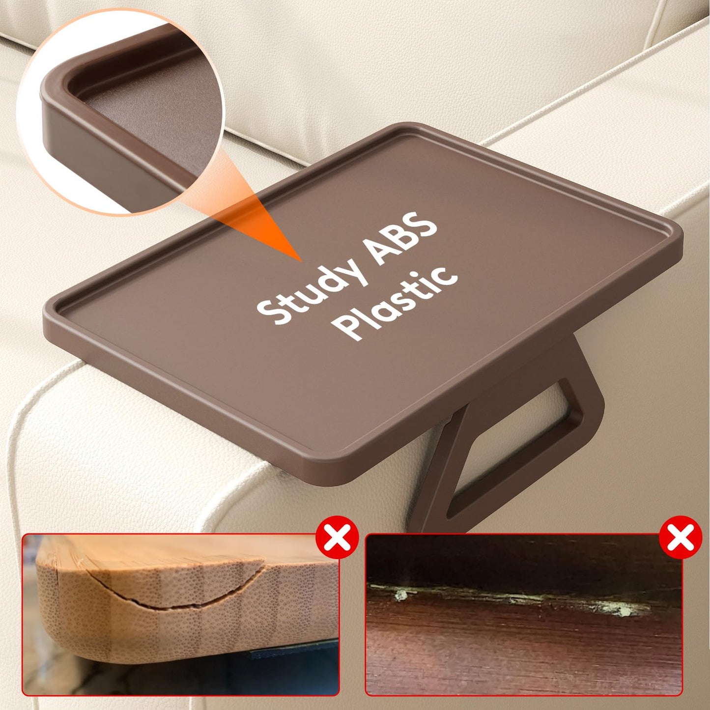 Lifewit Plastic Rotating Couch Armrest Table, Adjustable Sofa Arm Clip Holder Tray for Snack/Fast Food/Fruit/Drink, Large Foldable Stable Sofa Table with Reinforced Clamp, Brown
