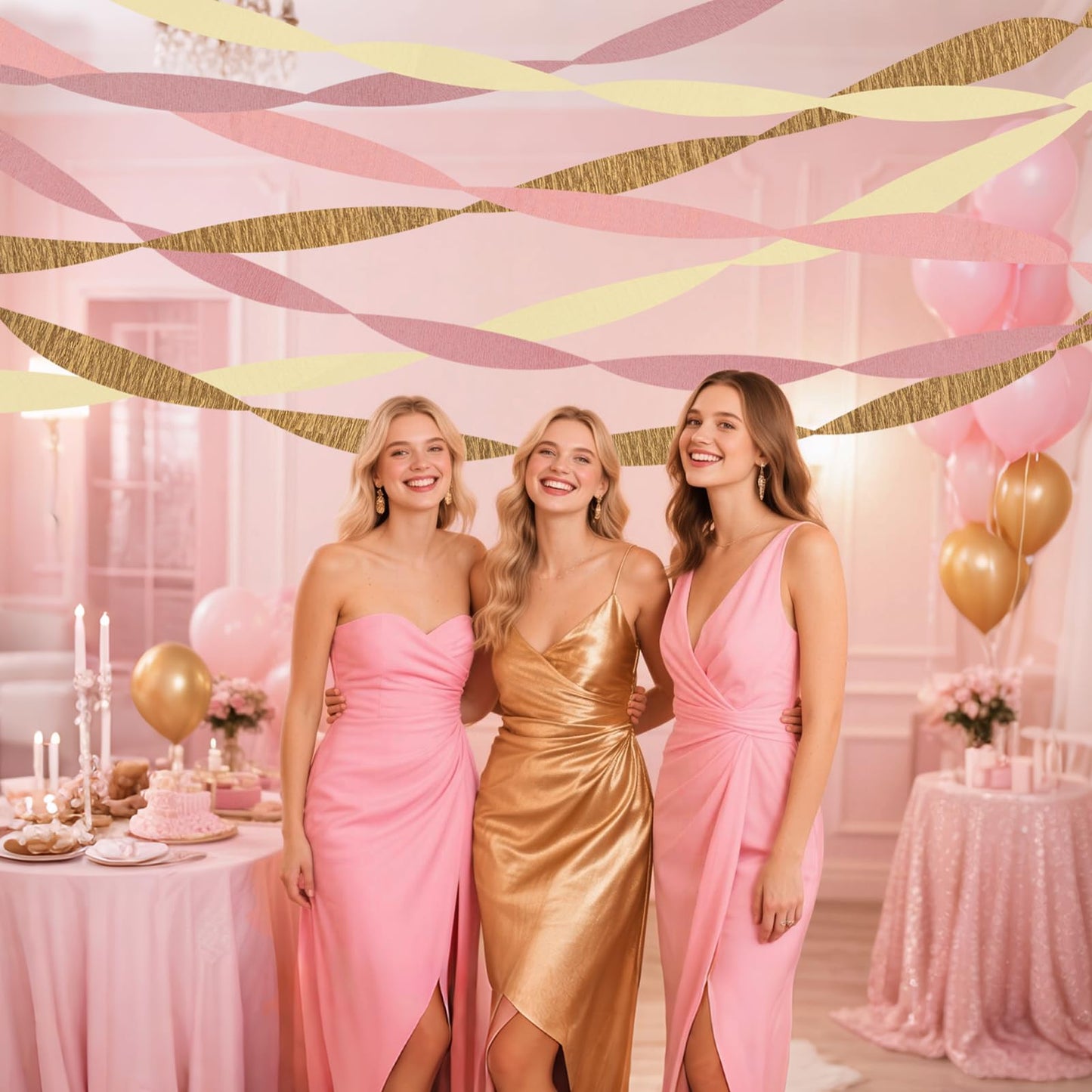 Riqiaqia Streamers Party Decorations,8 Rolls Pink Gold Crepe Paper Streamers for Wedding, Birthday, Bachelorette, Bridal Showerand Baby Shower Girl