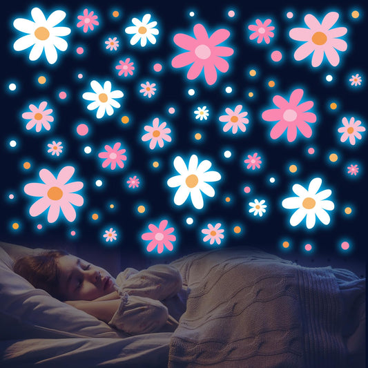 Glow in The Dark Big Daisy Wall Decals，Glowing Luminous Large Cute Daisy Wall Stickers Colorful Removable self-Adhesive Pink White Flower Decals for Girls Bedroom Kids Baby Nursery Living Room Decor