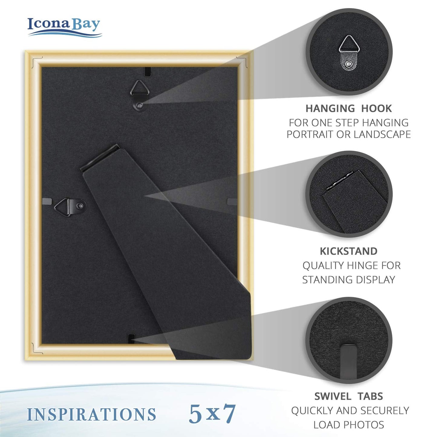 Icona Bay 5x7 Gold Picture Frame Beautifully Detailed Molding, Contemporary Picture Frame Set, Wall Mount or Table Top, Inspirations Collection