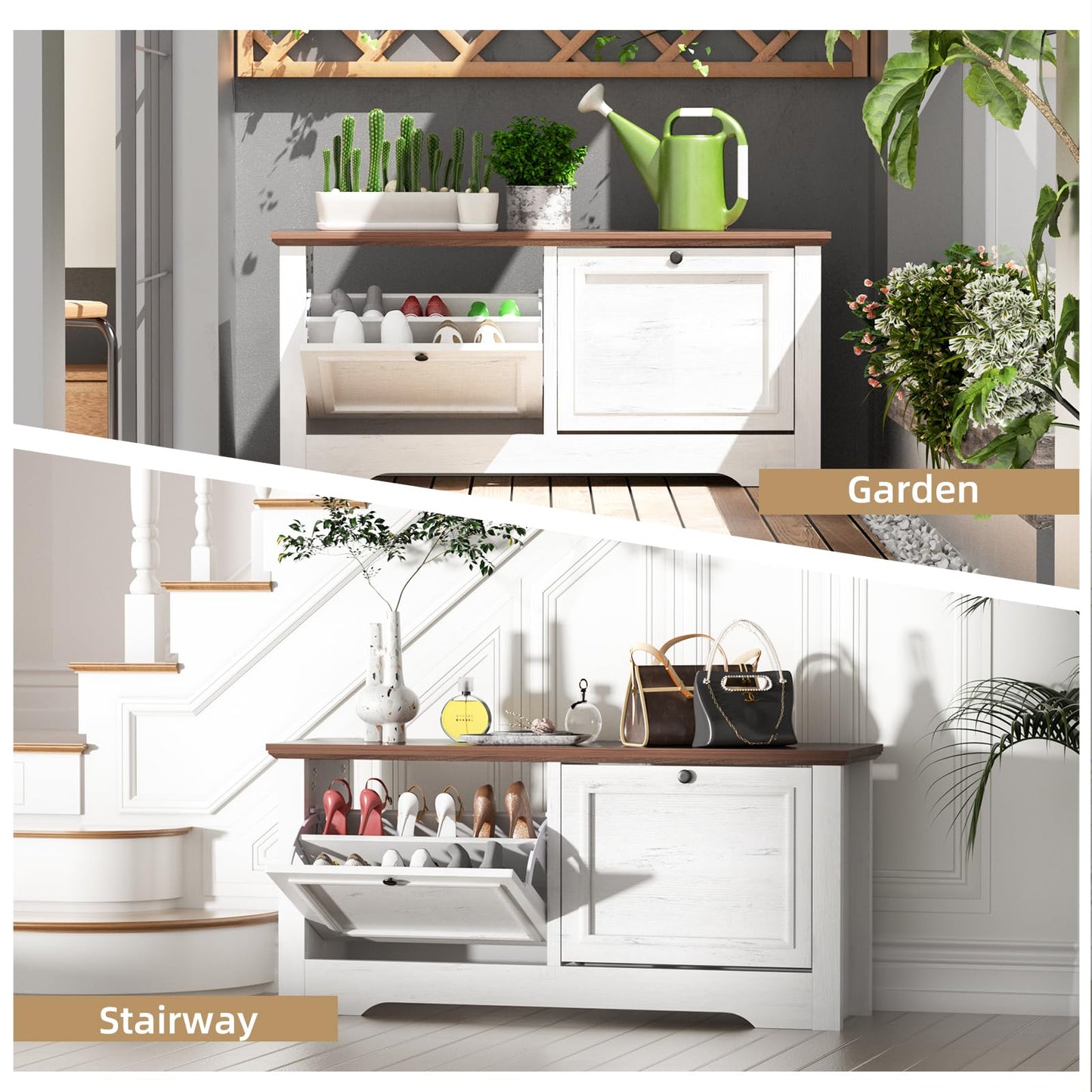 TOOBVEST Shoe Storage Bench with Flip Drawers, Entryway Shoe Cabinet with Seat, Wooden Shoe Organizer Bench for Hallway, Foyer, Living Room, Small Space, White Walnut