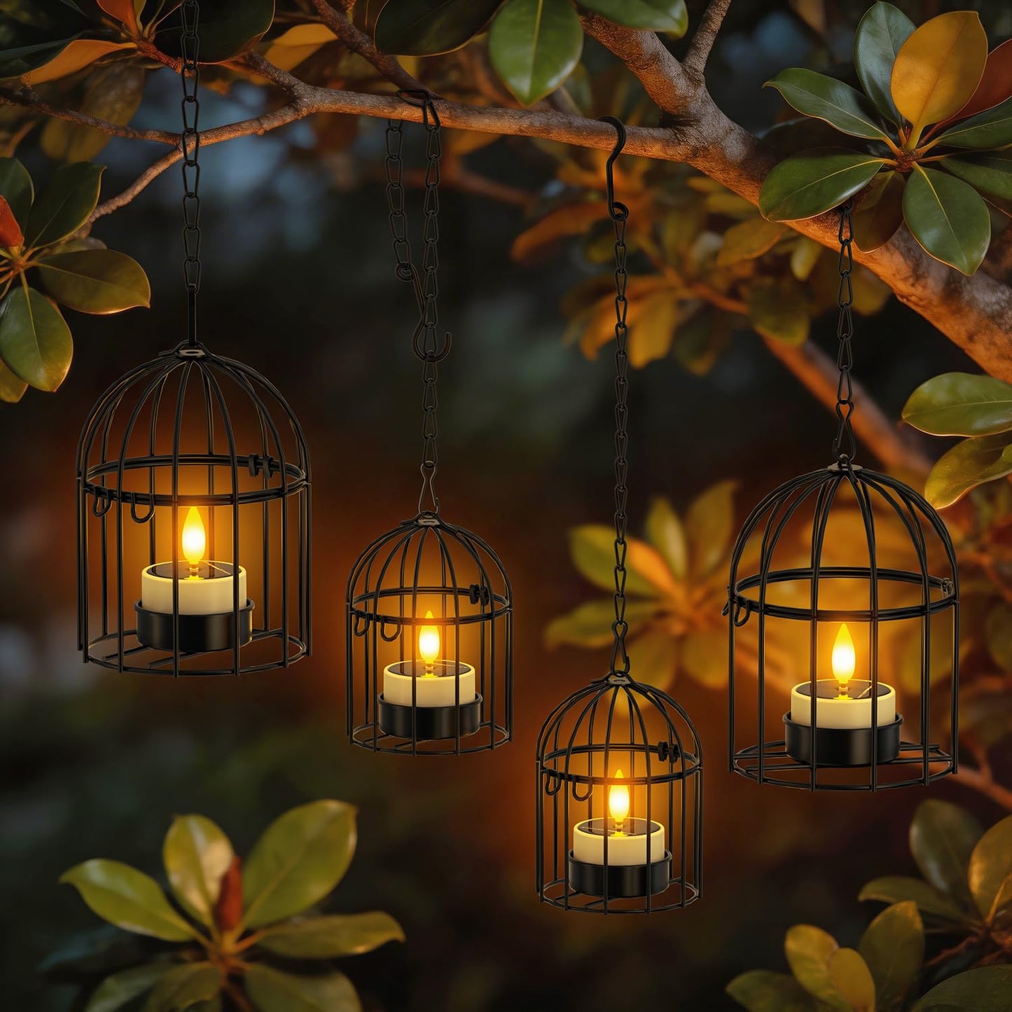 SoulBay Outdoor Lanterns with Solar Tea Lights, 4 Pack(2L 2S) Hanging Waterproof Solar Lights for Outside with Extended Chain, Bright & Long Lasting Solar Candles, Birdcage Lamp for Tree Patio Garden