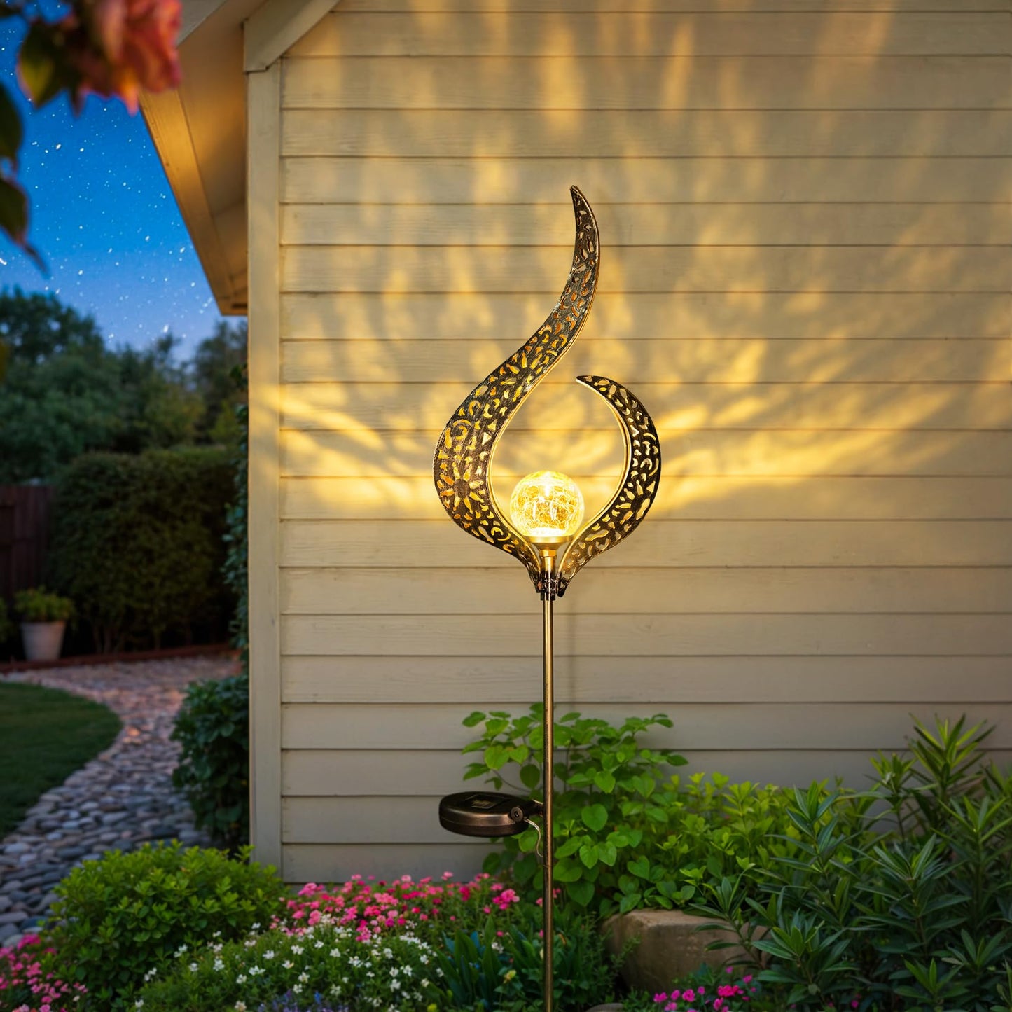Outdoor Garden Gifts Solar Lights Stake Waterproof, Mothers Day Gifts Mom, Crackle Glass Metal Flower LED Yard Art Ornaments Lights for Pathway, Lawn or Courtyard, Birthday Gifts Women (Bronze)