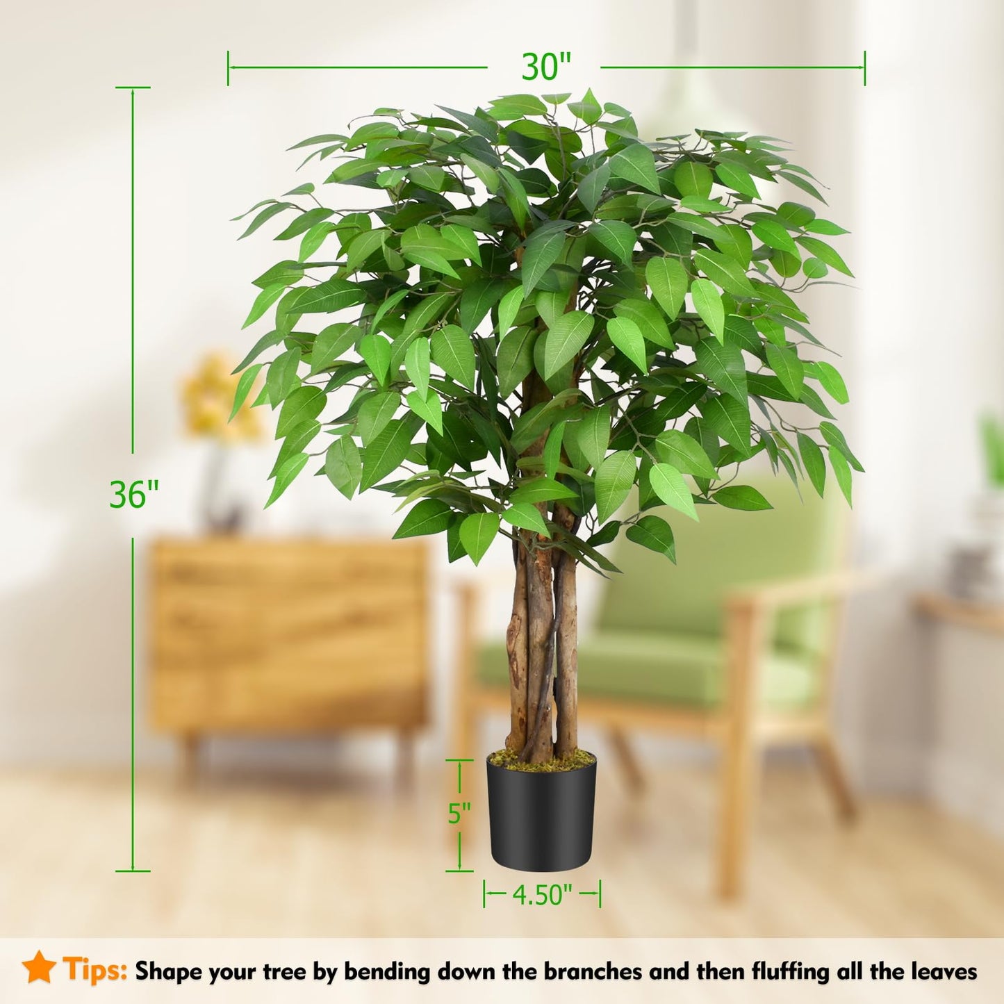 Keeplush 3ft Ficus Artificial Trees with Natural Curved Trunks, 36" Tall Lush Faux Tree for Home Decor Indoor, Green Lifelike Fake Ficus Tree Artificial Plants(Set of 2)