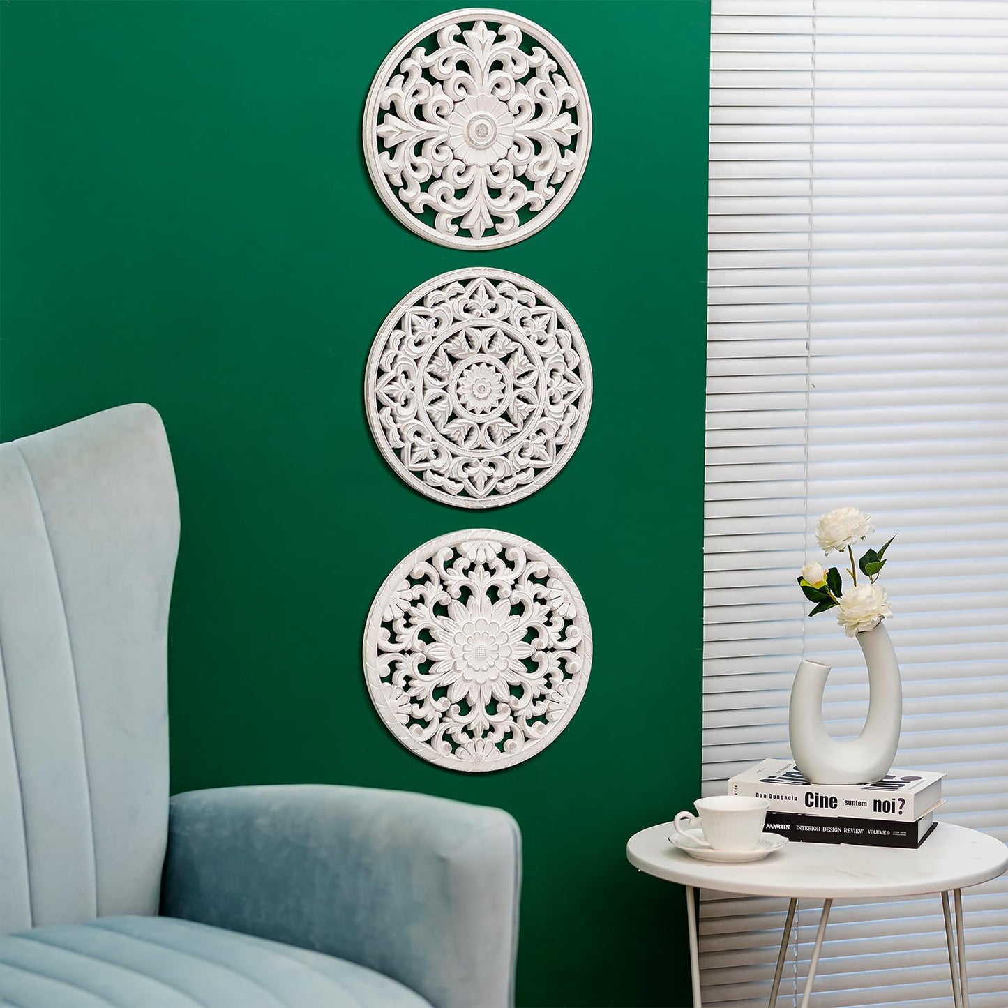 Walasis White Wall Decor Carved Medallion - Rustic Wood Wall Art Decorative Distressed Hanging Decorations Farmhouse Home Decoration for Living Room Bedroom Kitchen Bathroom Set of 3