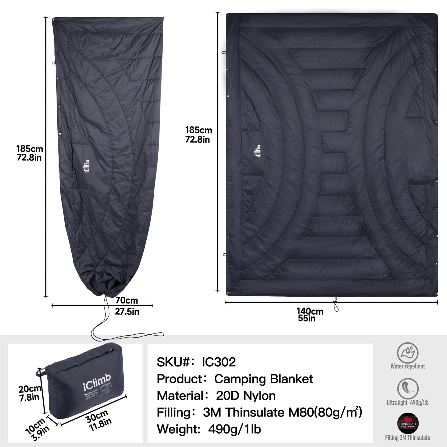 iClimb 3M Thinsulate Insulation Warm Camping Blanket Ultralight Compact (Dark Grey, 1 lb)