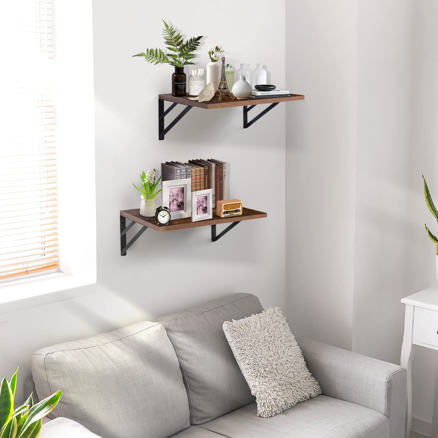 Tectocker-DOU 2 Pc Deep Floating Shelves ; Wall Mounted Hanging Shelves for Living Room, Kitchen, Office, Bathroom and Bedroom Decor; Storage and Display Shelf Set (Brown, 16W×12D)