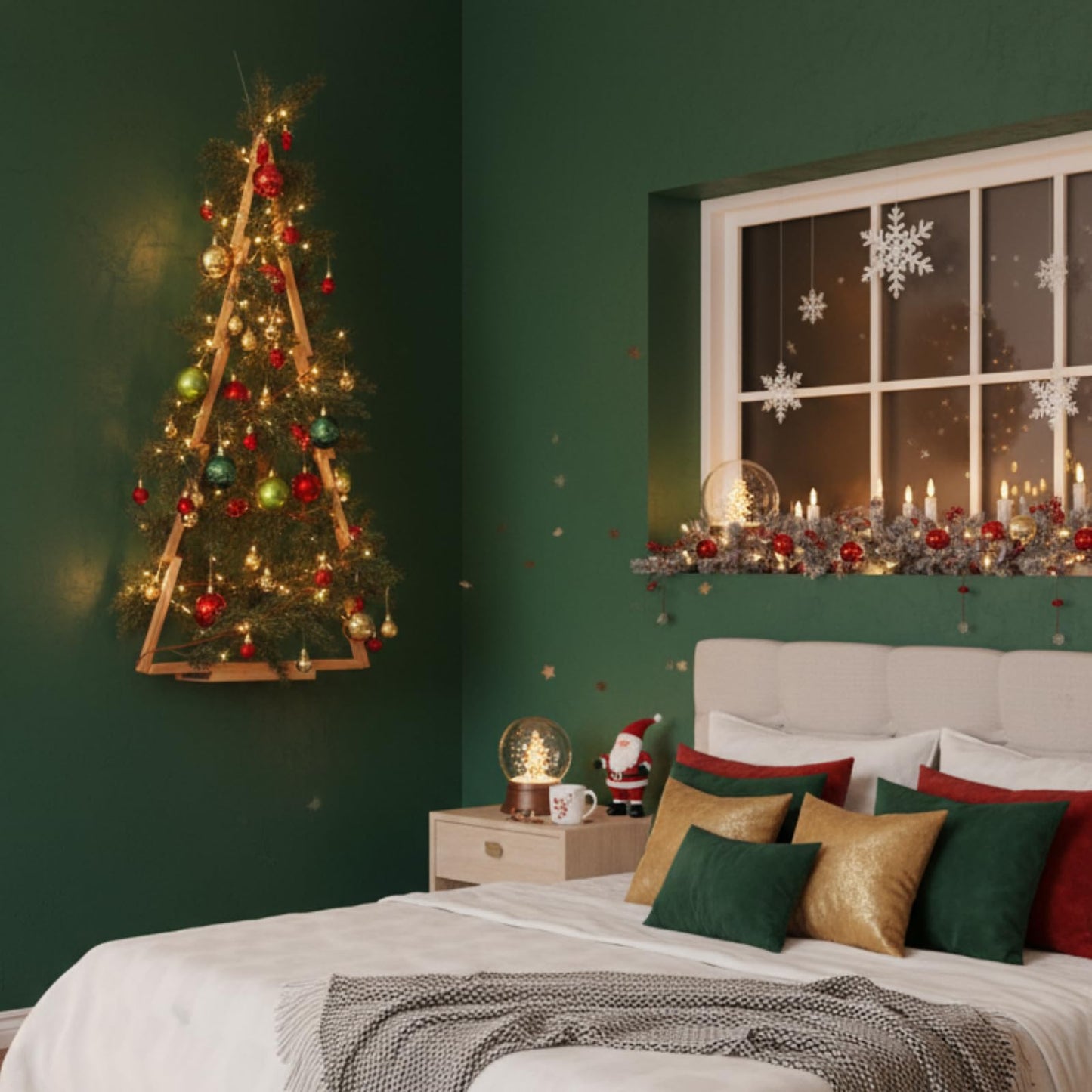 Glooglitter 47 Pcs 3 FT Wall Christmas Tree with Lights Large Christmas DIY Wall Decor Set Include Hanging Ball Ornaments LED String Lights Norfolk Pine Garland Artificial Xmas Tree Home Decor