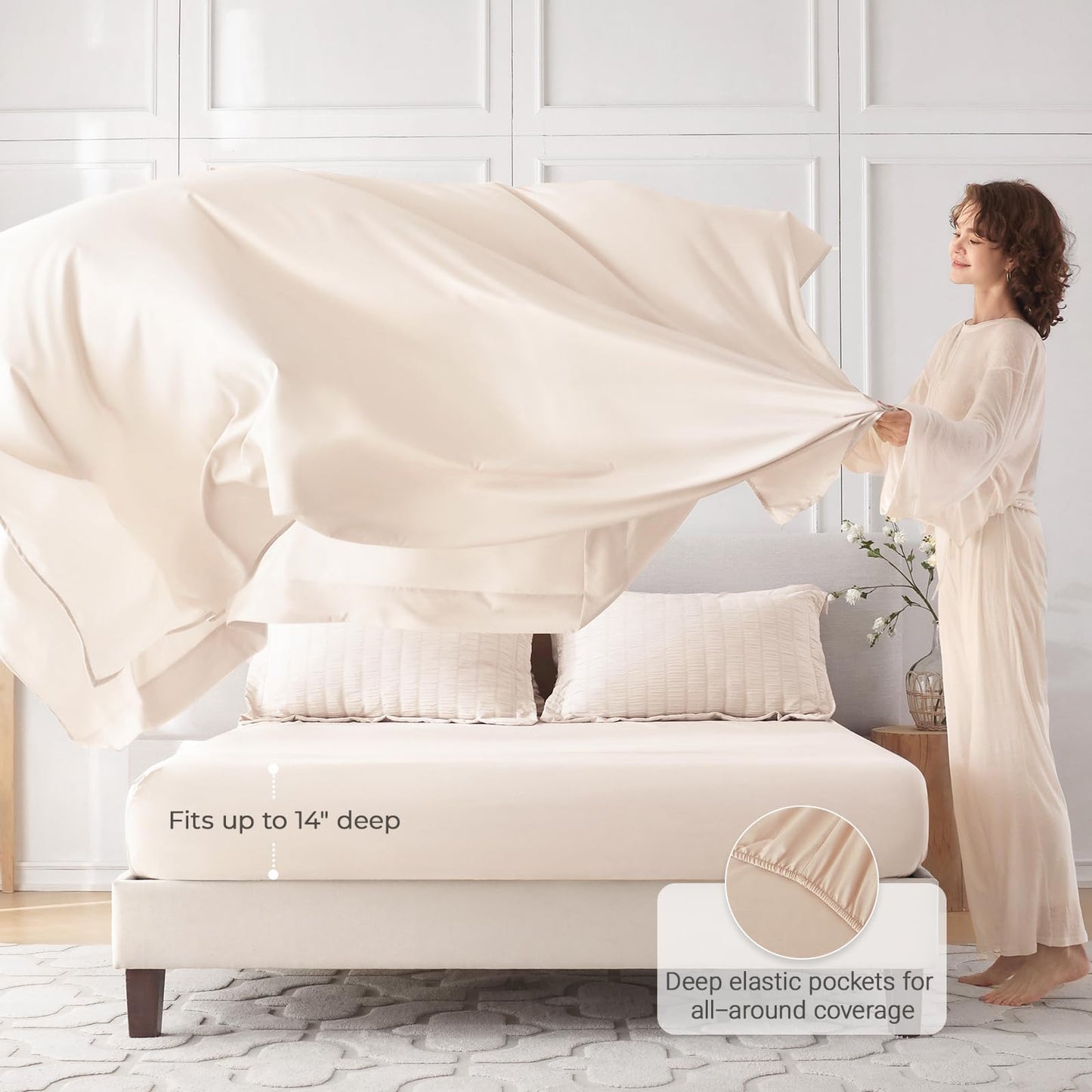 MUXHOMO 7 Pieces Queen Comforter Set, Seersucker Bed in a Bag Queen Size, All Season Luxury Bedding Set with Comforter, Flat Sheet, Fitted Sheet, Pillowcases & Shams, Beige
