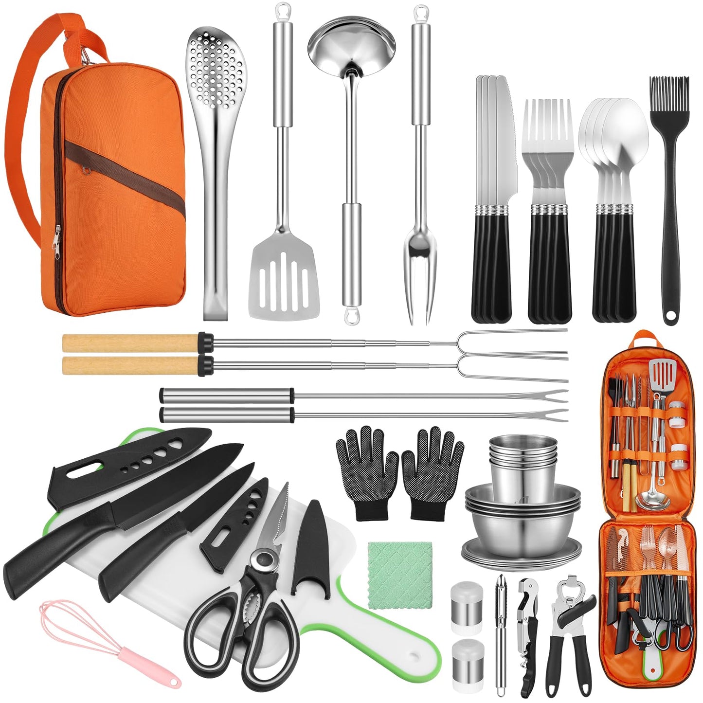 Hozzen 45-Pcs Camping Cooking Utensil Set - Car Camping Essentials Gear for Cooking and Grilling, Portable Camp Kitchen Set, Ideal Gift for RV Tent Camper, Picnics, BBQs, Parties
