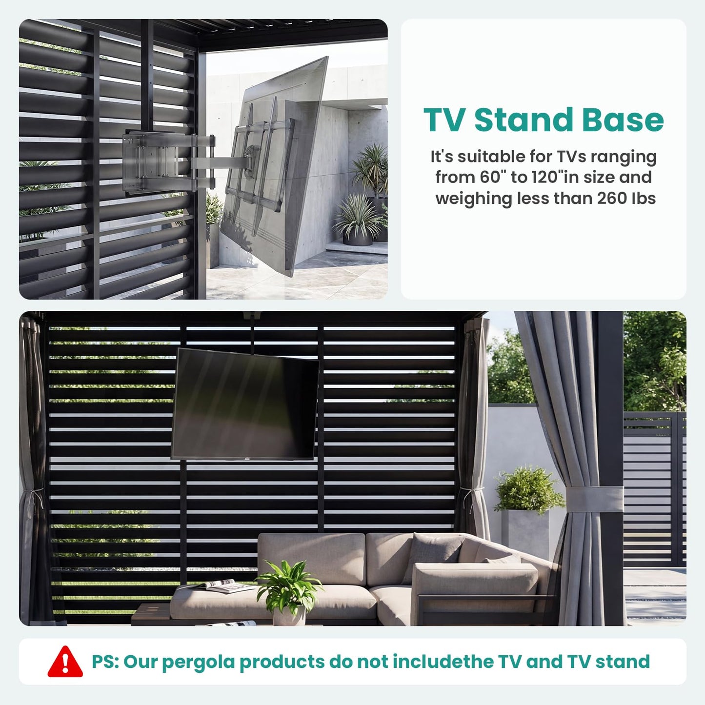 SUNBURY 10x12ft Outdoor Pergola with Curtains & Mosquito Netting, Aluminum Gazebo with TV Stand Base, Modern Patio Shade Structure for Backyard, Deck, Garden, Black