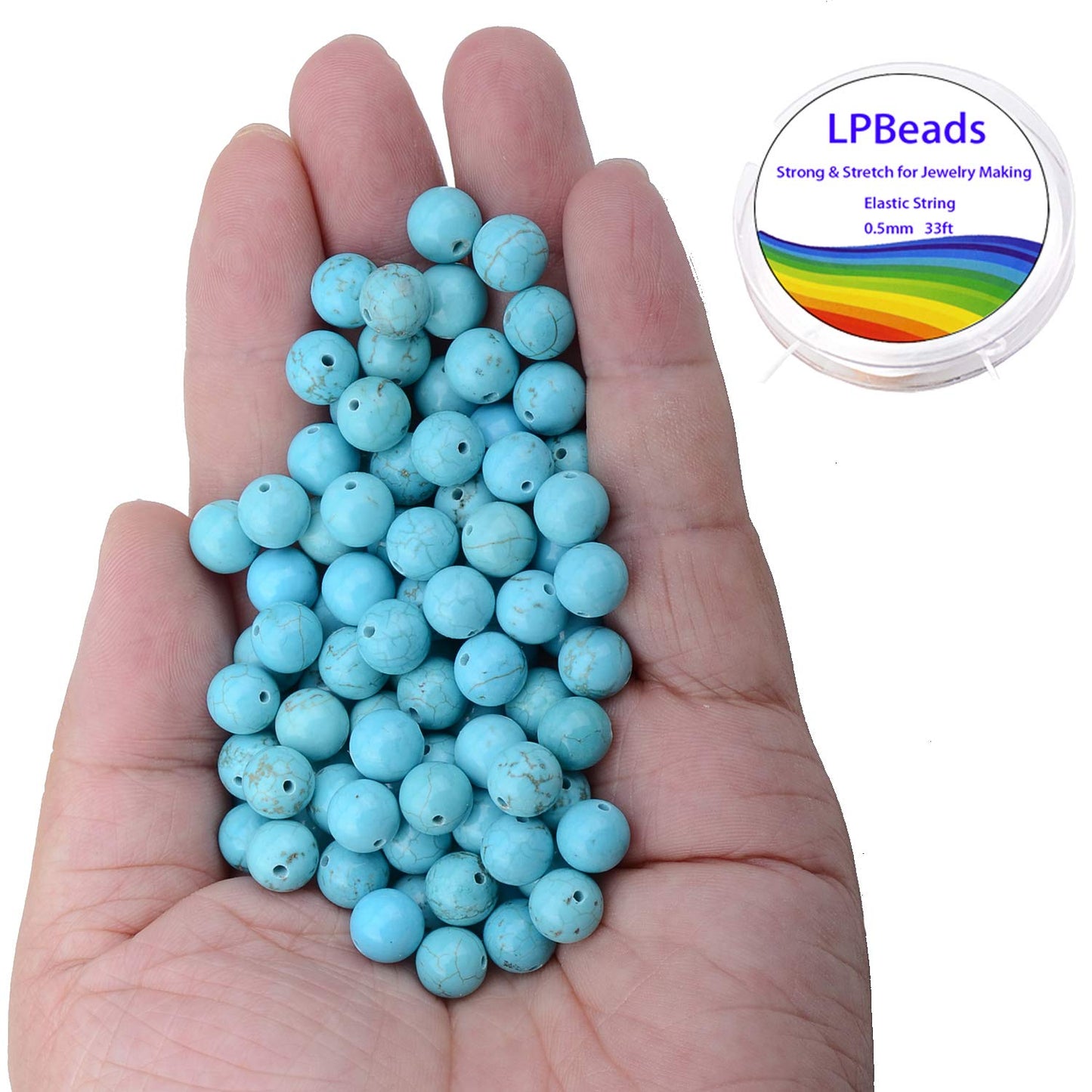 LPBeads 100PCS 8mm Blue Turquoise Gemstone Round Loose Beads for Jewelry Making with Crystal Stretch Cord