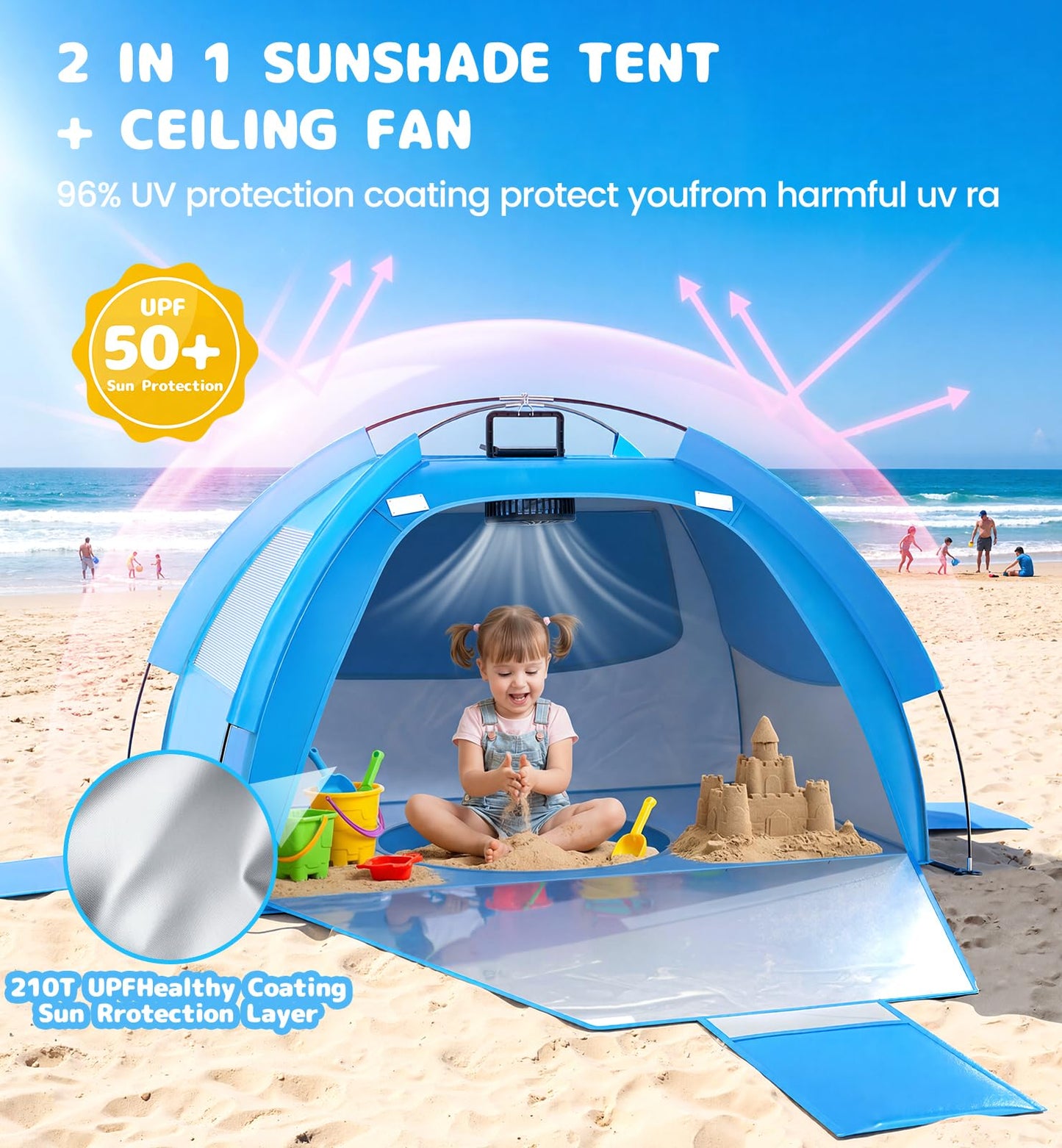 Dsquu Baby Beach Tent Solar Cooling Fan, Anti-UV Toddler Beach Tent Sun Shelter Portable Travel Fan Beach Shade Tent, Baby Play Tent Built-in Ceiling Fan Sun Shelters Toddler Beach Essentials