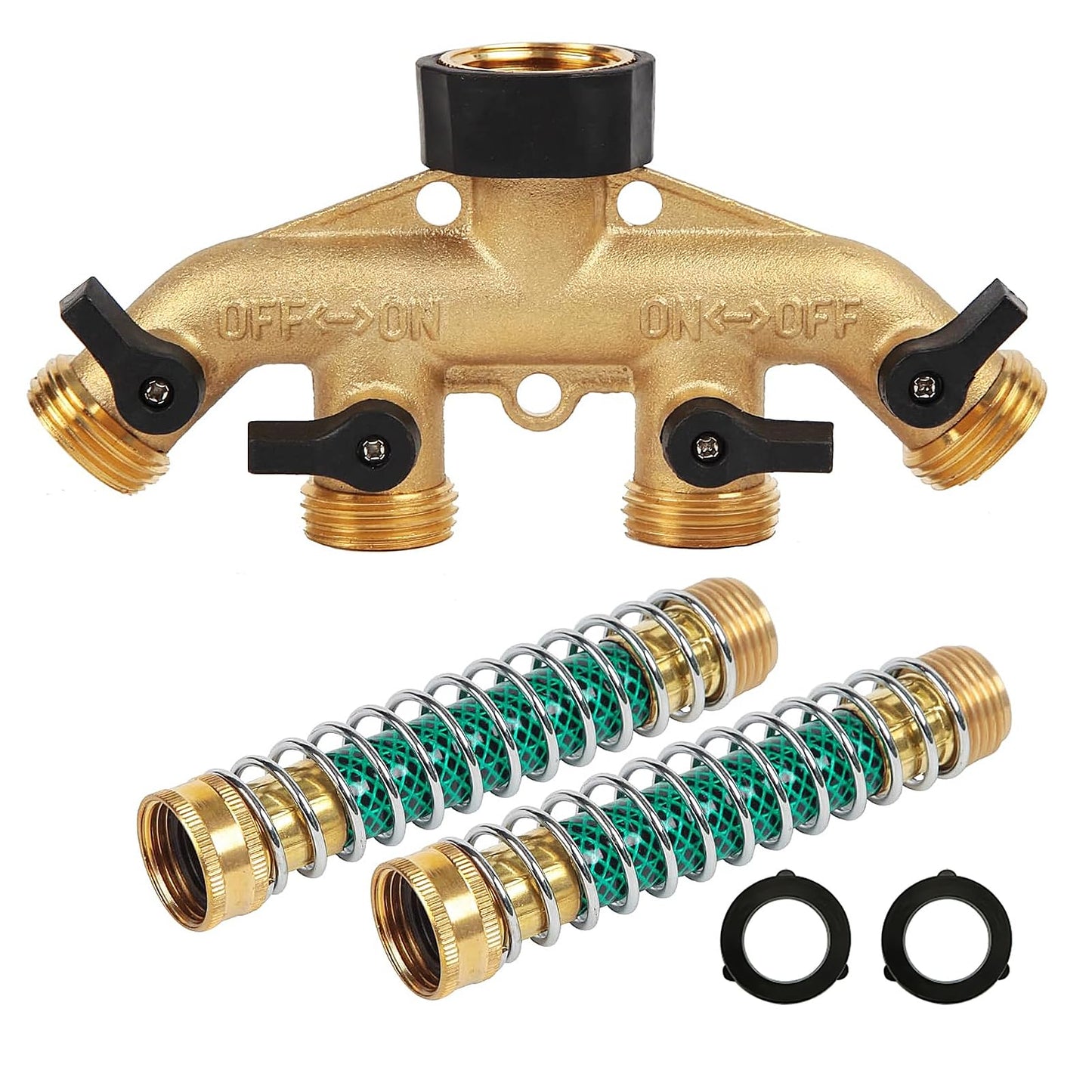 Heavy Duty Brass Garden Hose Splitter, 3/4" 4-Way "Y" Shut-Off Hose Connector Outlet Splitter Spigot Adapter with 2 Kink-Free Outdoor Faucet Extension Hose Protectors for House Lawn Patio Garden