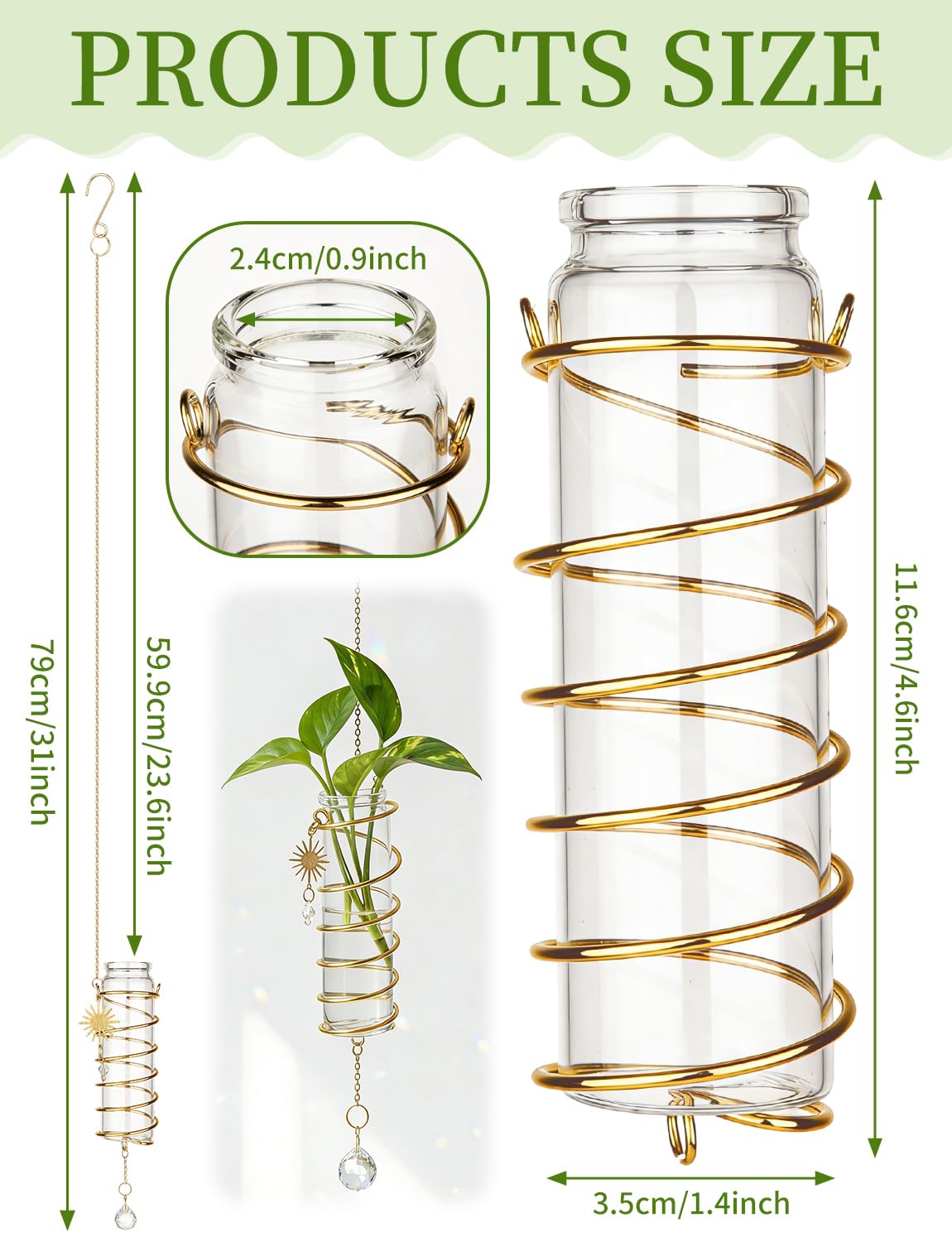 3 Pack Hanging Propagation Station with Crystal Sunshine Catcher Glass Window Propagation Tubes Vases with Gold Metal Chain for Indoor Hydroponics Plants Home Decor