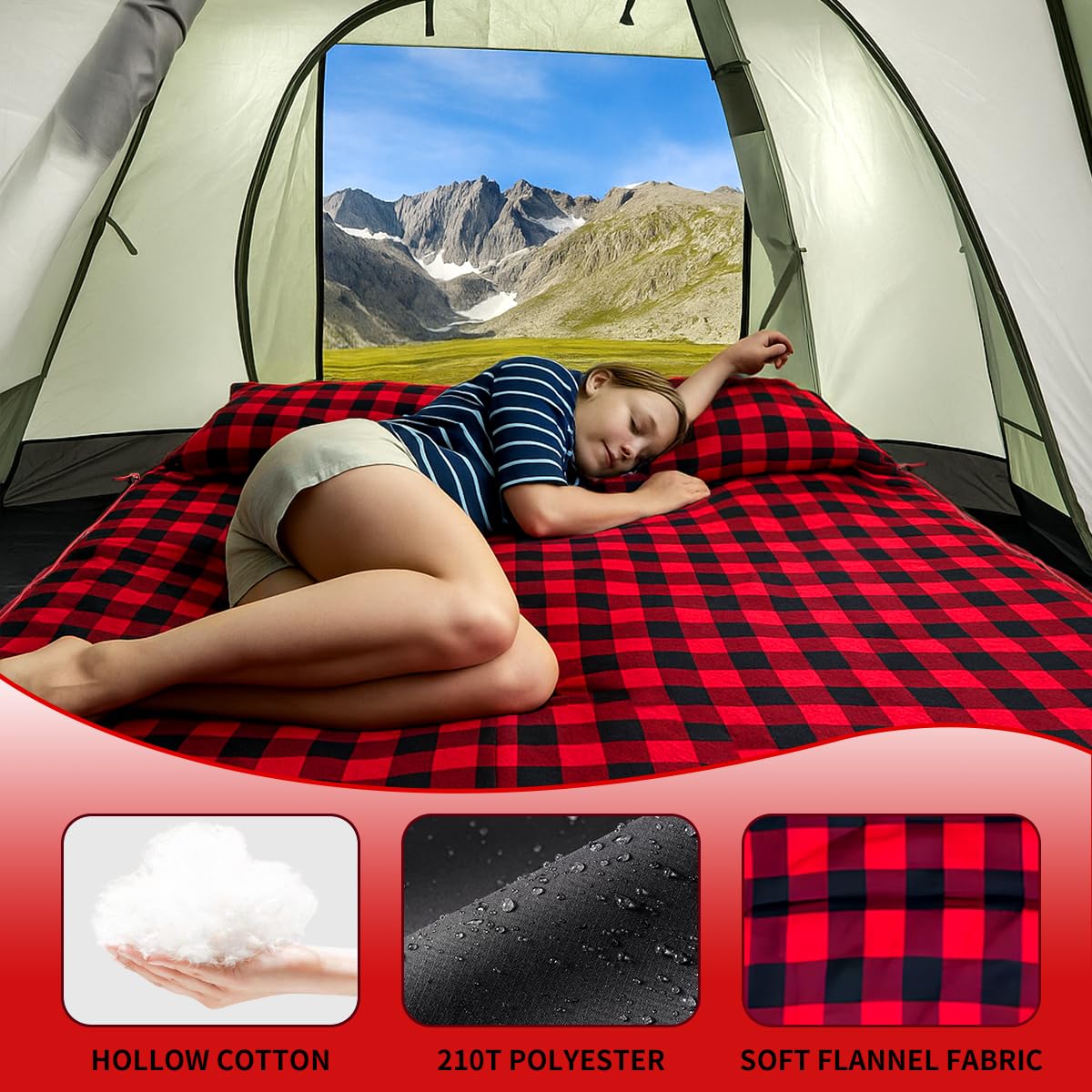 ShinHye Double Sleeping Bag for Adults with 2 Pillows, Camping Sleeping Bags Flannel Cotton 2 Person Sleeping Bags XXL Queen Size Sleeping Bag for Cold Weather (Black Red, 92"×62")