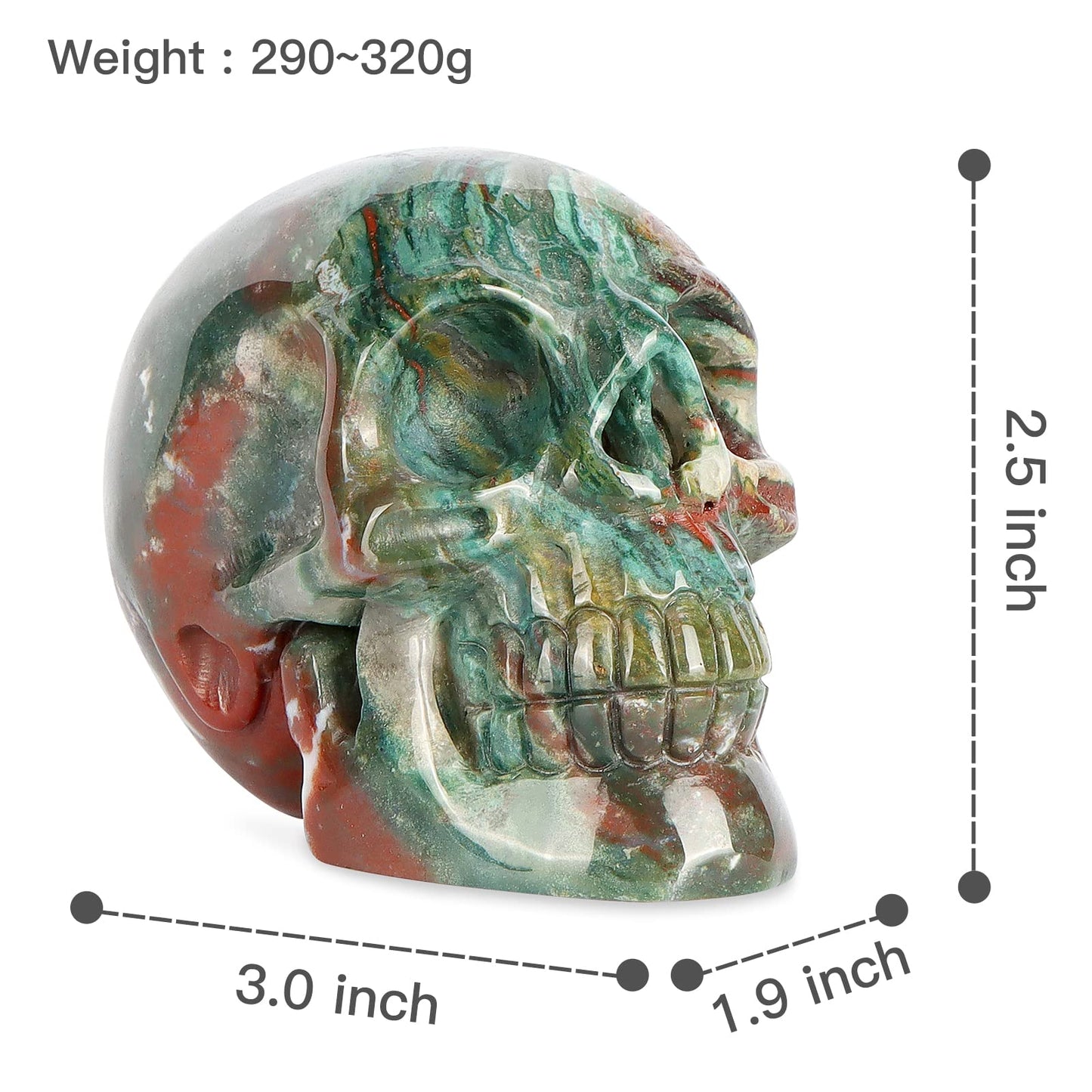 LEADGEM 3.0" Ocean Jasper Crystal Skull Head Decor Figurine Healing Stone Carved Sugar Skull Stutue Sculpture Ornament for Day of Dead Decorations Home Office