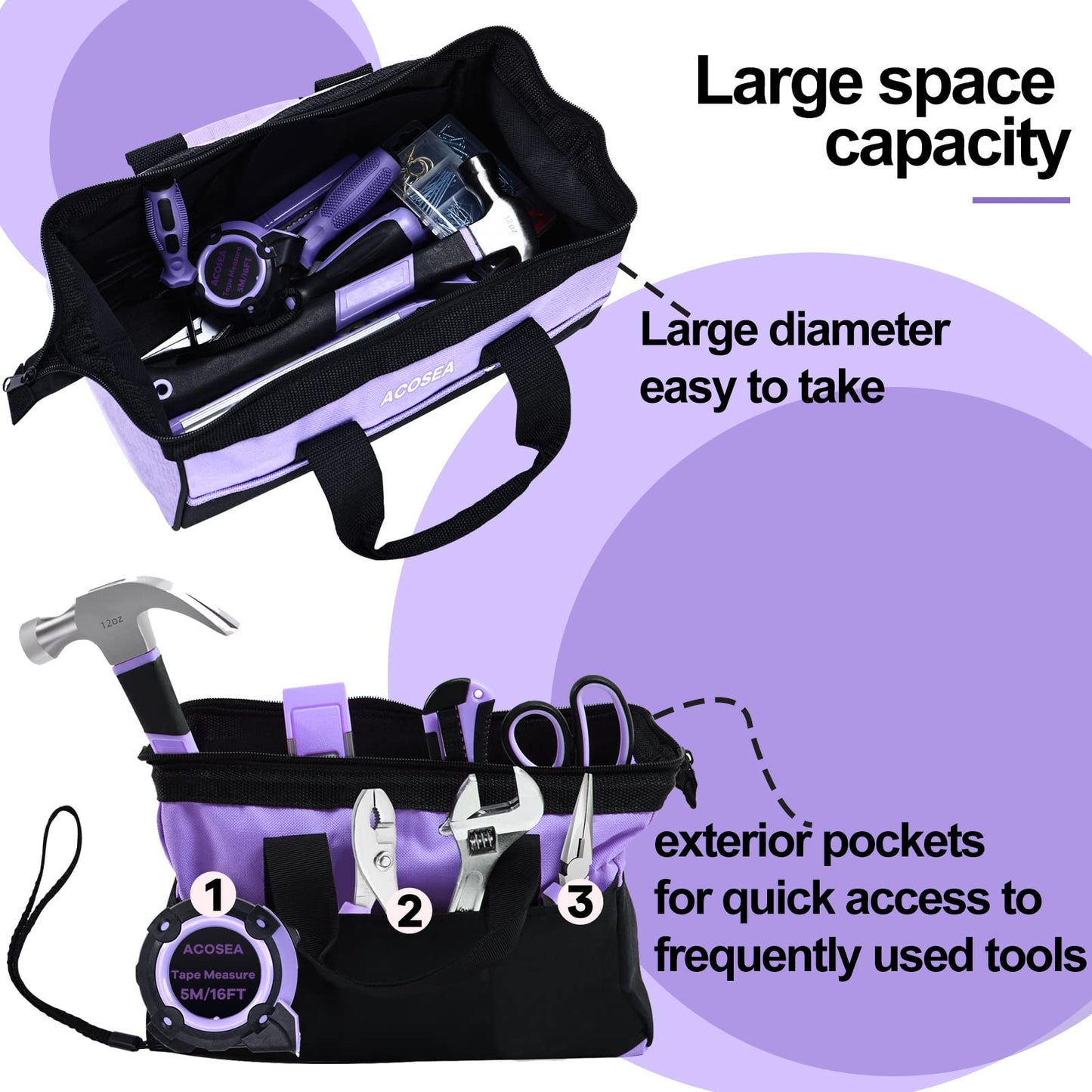 ACOSEA Purple Tool Bag,13 Inch Wide Mouth Open Tool Organizer with 12 Storage Pockets (Purple)