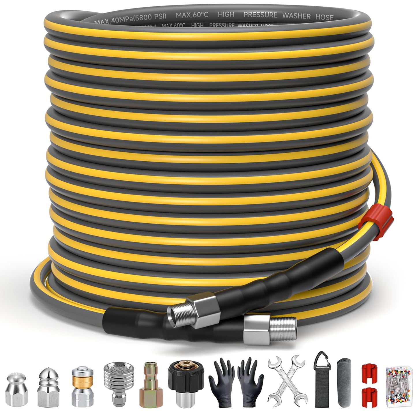TUTULUCK Sewer Jetter Kit for Pressure Washer, 5800PSI Drain Cleaner Hose 1/4 Inch NPT Corner,Showerhead,Rotating rotates,Mushroom Nose,Corner sewer nozzle(100FT)