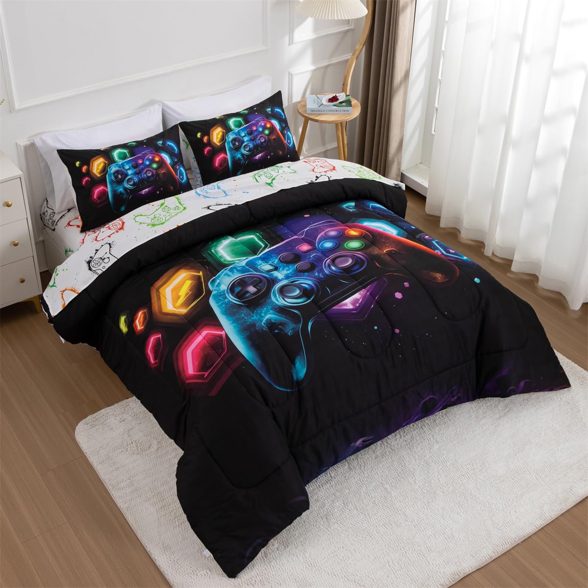 NTBED Game Console Comforter Set for Boys Girls Kids Space Universe Gaming Geometric Lightweight Microfiber Gamer Bedding Sets (Multi, Twin 5Pcs)