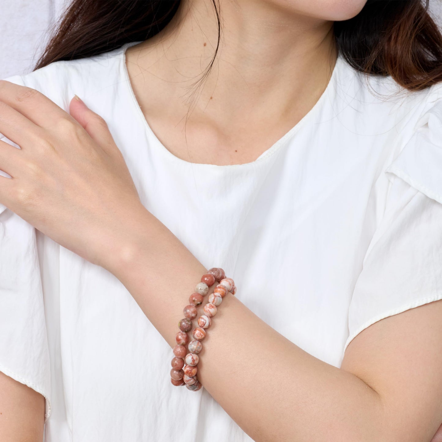 Bivei Natural Gemstone Semi Precious Healing Crystals Handmade Stretchy Round Beads Bracelet,Stocking Stuffers for Women(Red Vein Jasper & Plum Blossom Jade (Good Luck & Opportunities) Large)