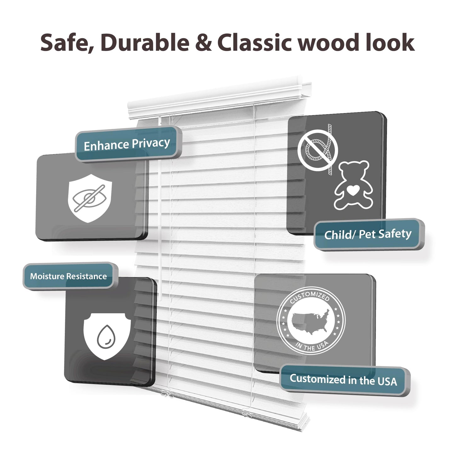 DEZ FURNISHINGS Cordless 2" Faux Wood Blind, 46.5" W x 48" H, White