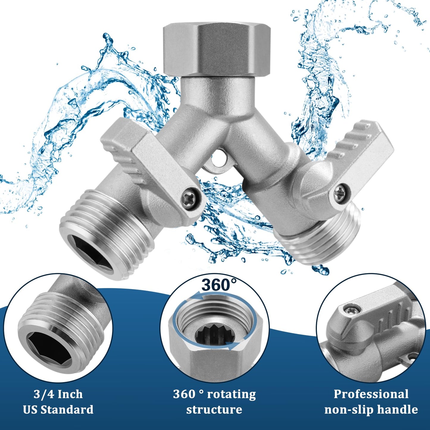 Garden Hose Splitter 2 Way Heavy Duty, 304 Stainless Steel 2Way Hose Splitter, 3/4 Inch Water Hose Splitter 2 Way, Full Flow Garden Hose Y Splitter(All Components are Stainless Steel)