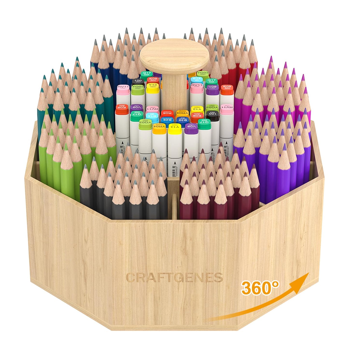 CraftGenes Bamboo Rotating Pen Organizer for Desk, 360° Spinning Desk Organizer with 10 Compartments, Wooden Pencil Holder, Desk Caddy for Office Supplies, Marker Organizer for Office Home School