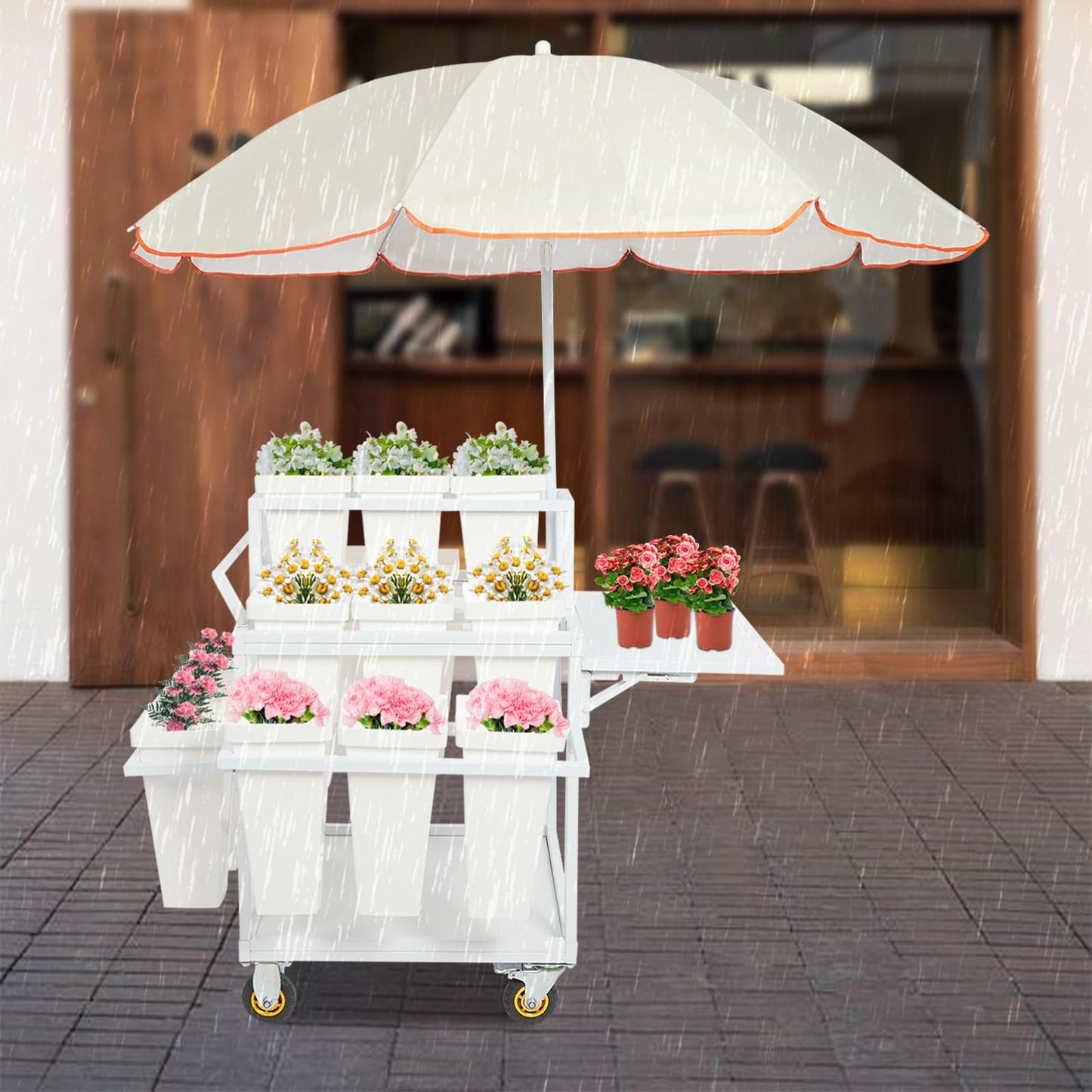 Flower Stand Cart with Large Umbrella 5x5.8ft, 110lb Capacity Metal Flower Bar with Wheels, Flower Plant Stand with 18 Buckets, 3 Tier Rolling Stand Cart for Indoor Outdoor Patio Garden Florist (Silver White)