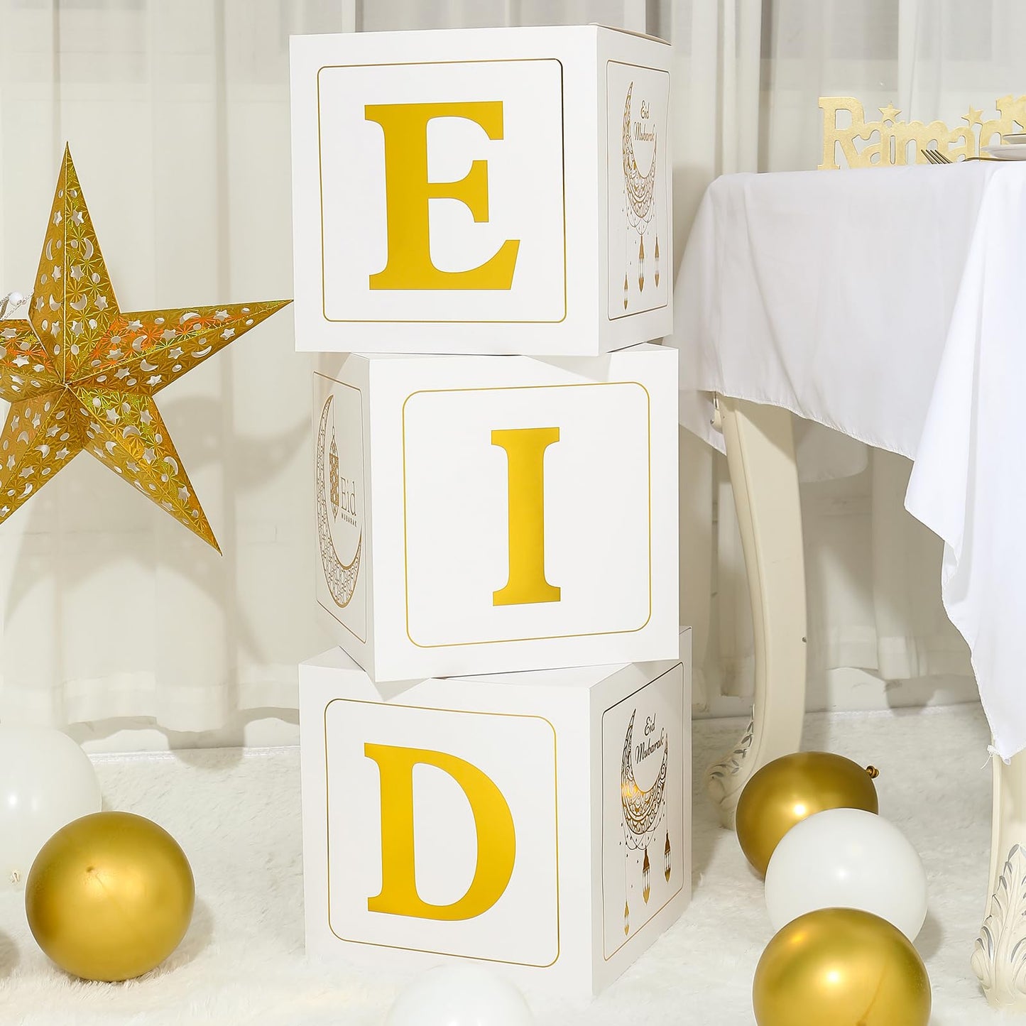 Eid Mubarak Decoration for Home 2026 - 89 White Gold Balloon Arch with Eid Mubarak Star Balloons,Star Moon Balloon Boxes,Ramadan Party Supplies Decorations for Ramadan Festival