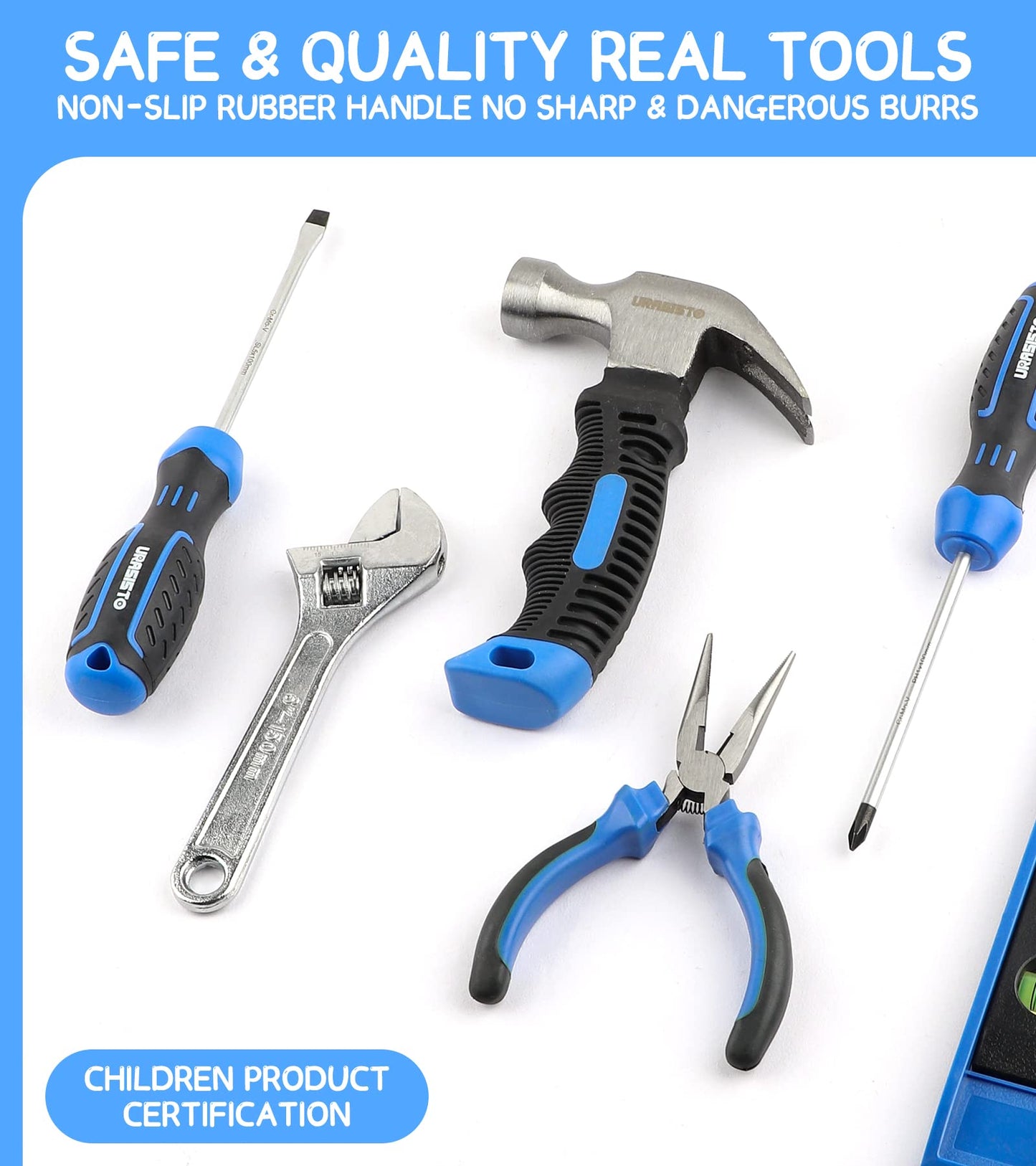 URASISTO 18-Piece Kids Tool Set with Tool Storage Bag, Junior Real Hand Tool Kit for Boys & Girls, Children Learning Tools for DIY Building and Woodworking, Age 8+