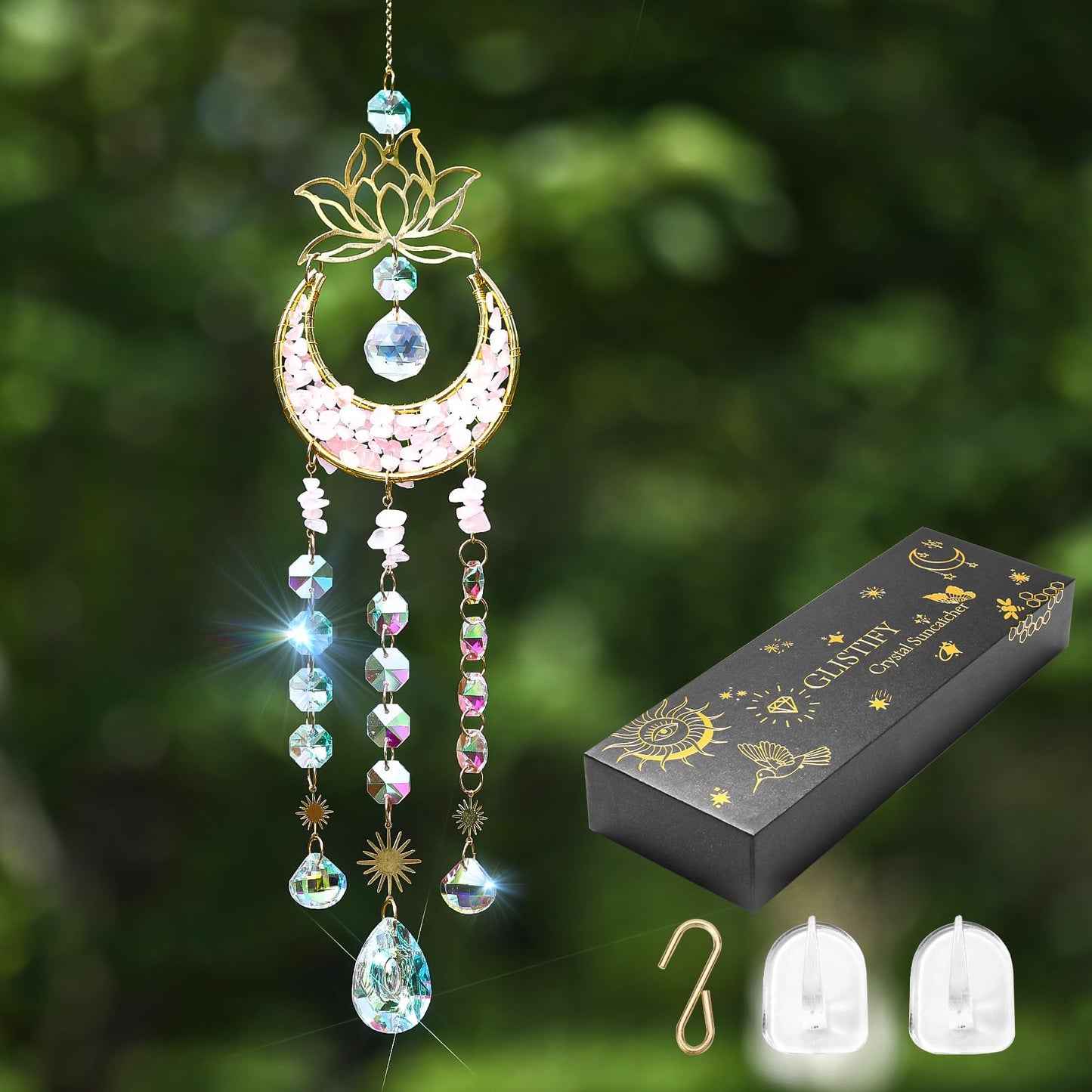 Glistify Upgraded Quartz Crystal Suncatcher with Stainless Chain for Window,Rust Resistant Easy to Hang Sun Catcher for Indoor Outdoor,No Assembly Sparkly Light Catcher