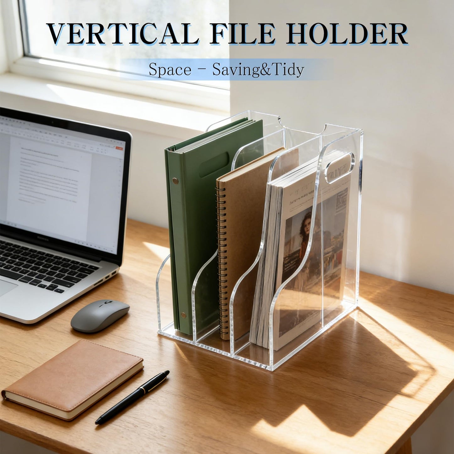 ZESHIHAOGUO 3-Tier Clear Acrylic File Holder, Vertical Document Organizer for Magazines, Binders, Notebooks & Envelopes - Multi-Purpose Desk Storage for Home Office（A4,3 Sections）