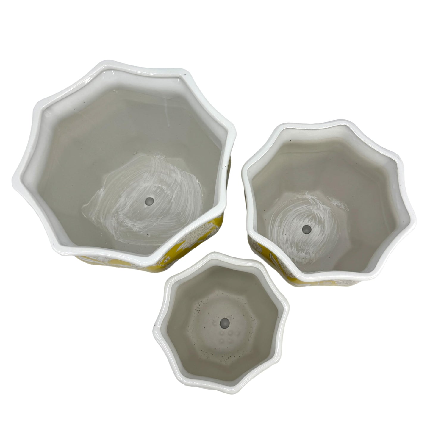 Galt International Yellow & White Round Fluted Floral Porcelain Ceramic Plant Flower Planter Pot Set of 3 (7.5", 10", 13") Garden Pots Chinese Asian Design