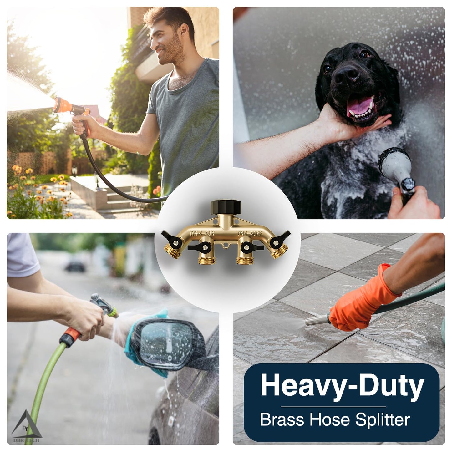 DBR Tech® Heavy Duty 4 Way Hose Splitter (Premium Brass for Superior Durability), Wye Garden Hoses Connector for Water Spigot Faucet Bib Tap, Y Adapter, Rust-Resistant Finish