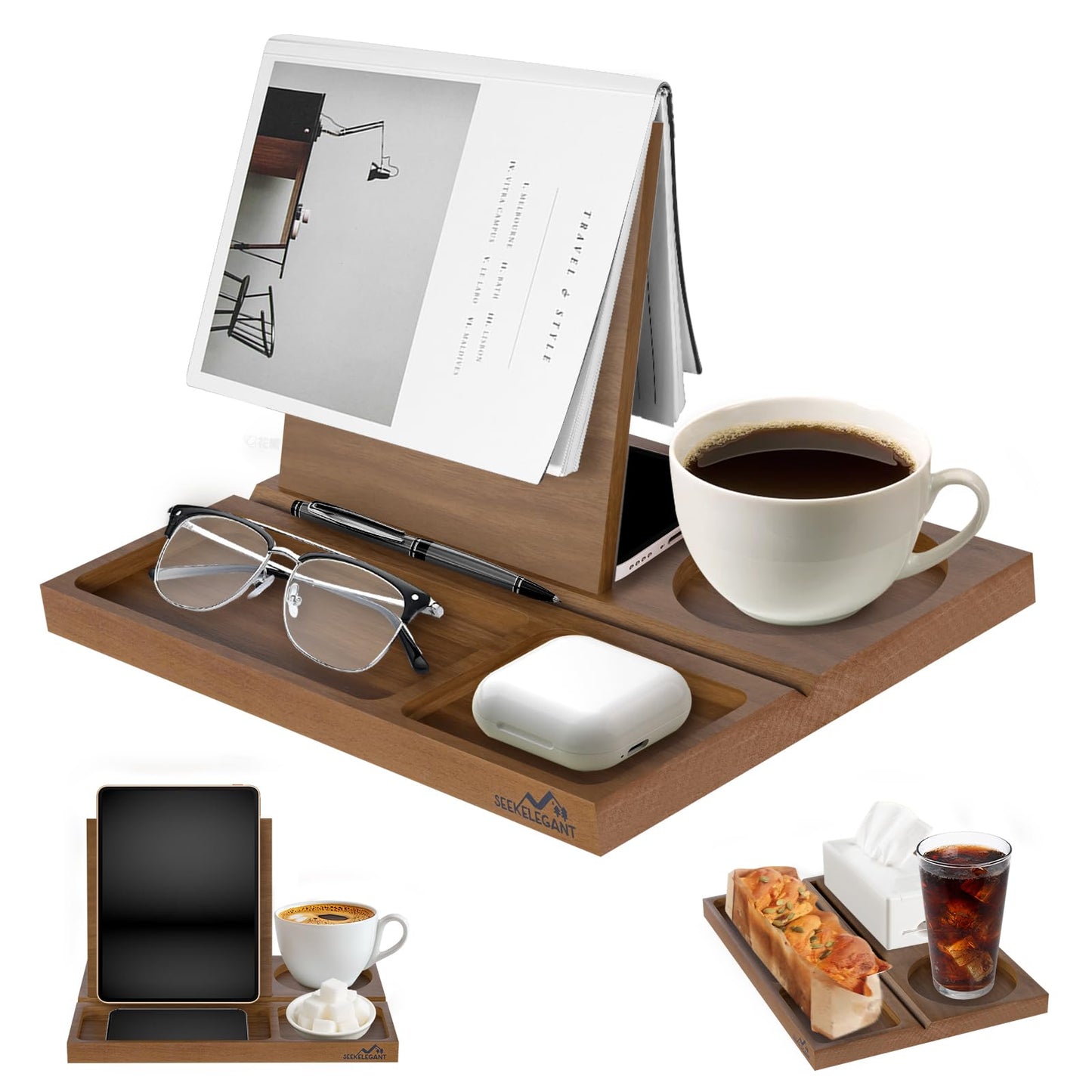 Acacia Book Nook Reading Valet Stand, Wooden Book Stand for Reading Rest, Triangle Books Holder with Cup, Pen, Phone & Earphone Holder, for Nightstand Bedside Desk Library and Book Lover Gifts