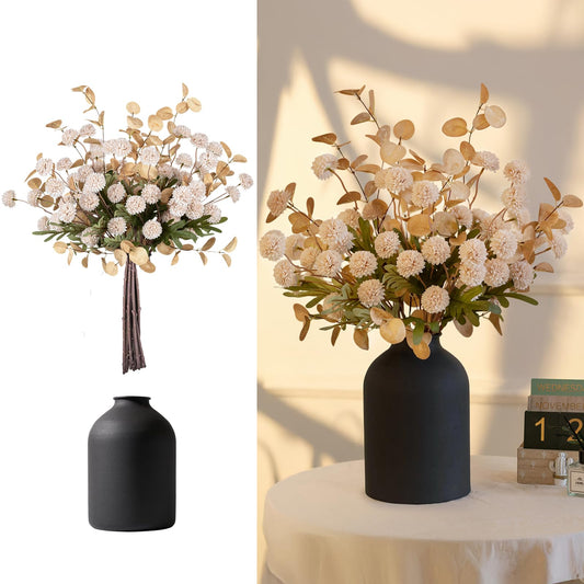 BLOSMON Fake Flowers Centerpieces for Tables: Gifts for Women Metal Vase with 12 Stems of Artificial Mums Kiku Eucalyptuses for Dining Room - Beige Faux Floral Arrangements in vase for Mothers Day