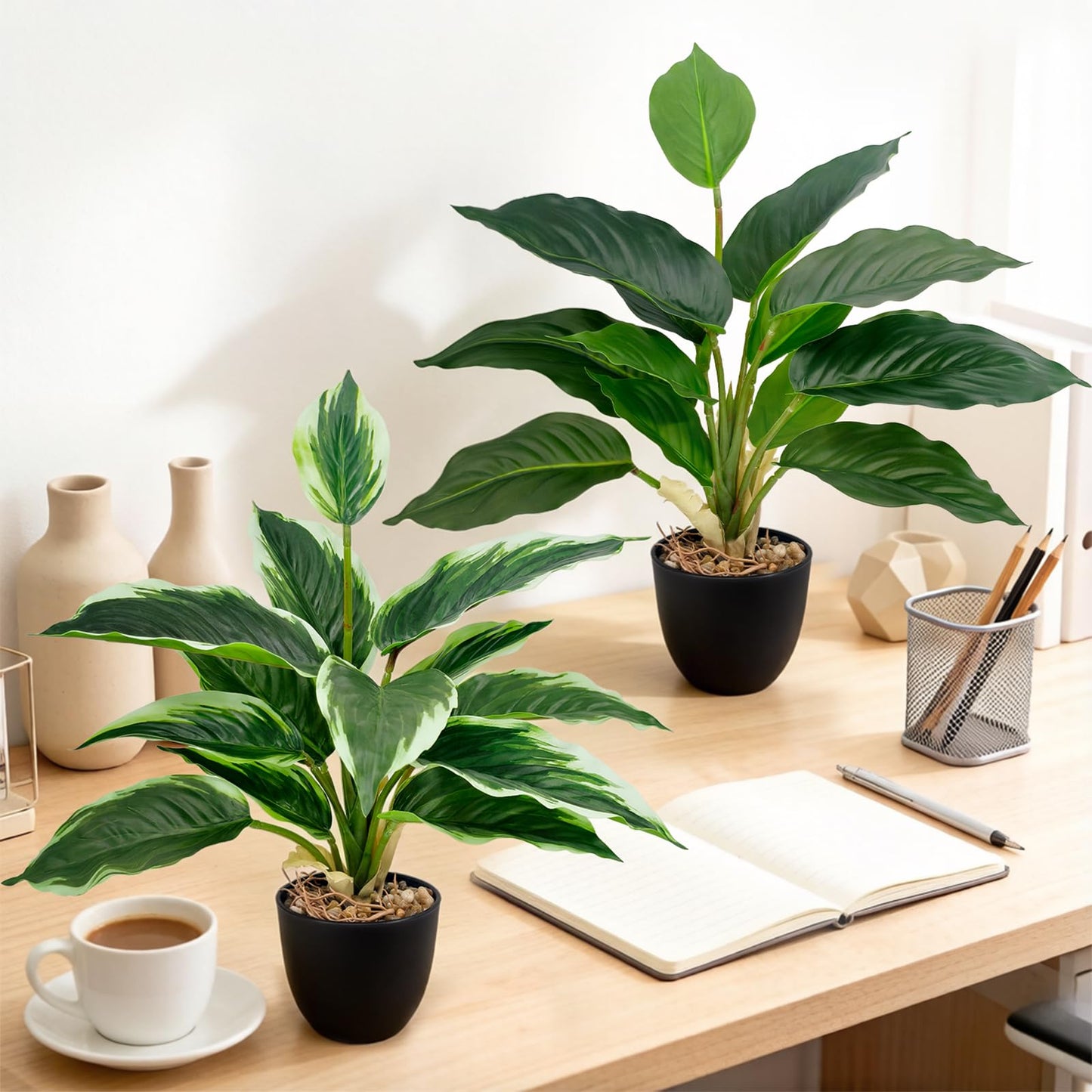 VUAHAUL 2 Pack Artificial Potted Plants, 16" Fake Plants Indoor in Black Pots for Home Bathroom, Office Desk, Shelf - Realistic Faux Greenery for Living Room, Kitchen, Farmhouse Decor