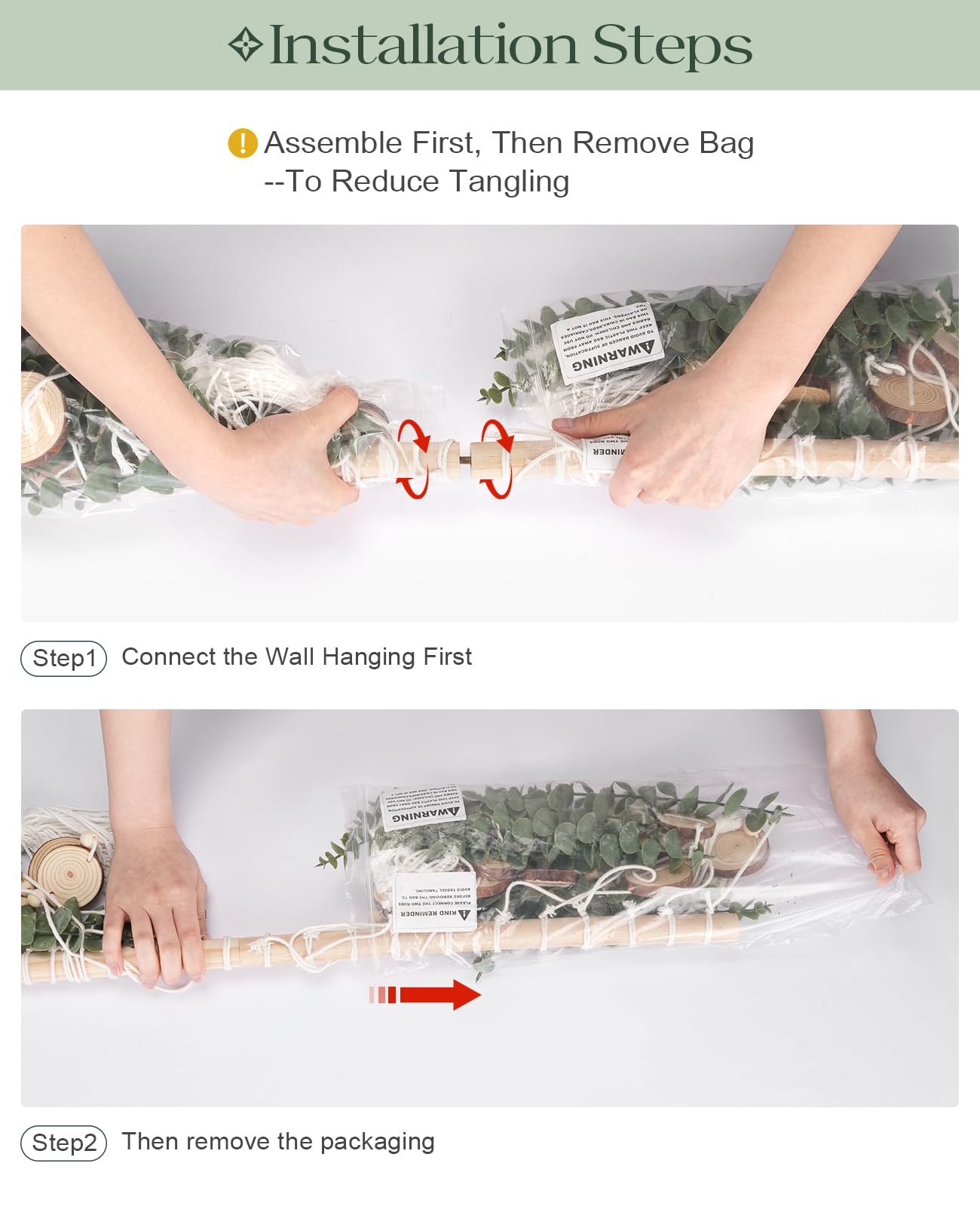 Tempospark Artificial Eucalyptus Wall Decor Hanging, Boho Bathroom Wall Decor, Fake Greenery Leaves Stems with Wood Slices Tassels on 33.1" Stick, for Living Room, Bedroom, Kitchen, Home Office