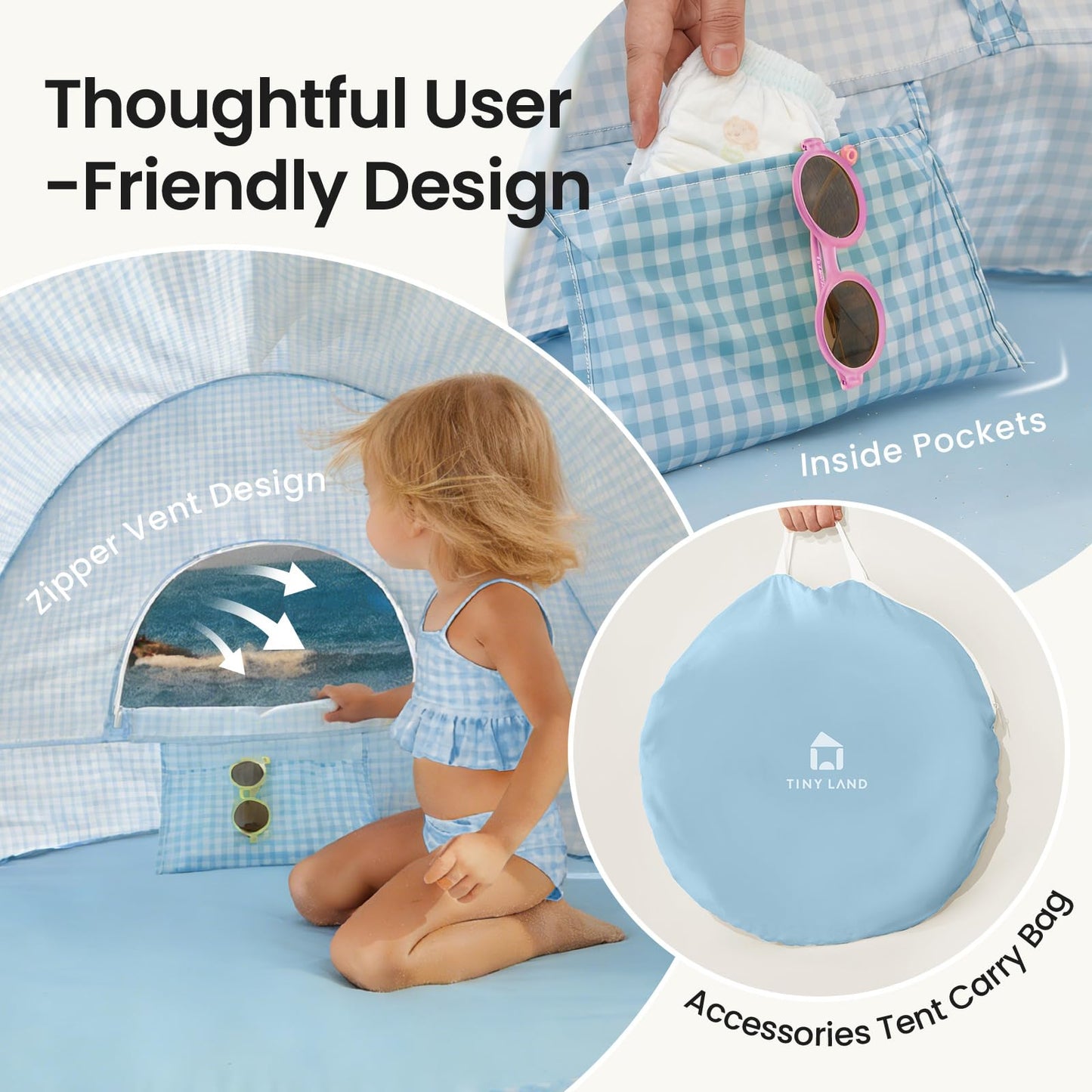 Tiny Land Baby Beach Tent – Pop Up Baby Tent with UV Protection, Portable Baby Beach Essentials, 35.4"x27.6"x31.5" Sun Shelter for Infants, Baby Summer Outdoor Use (Light Blue Gingham)