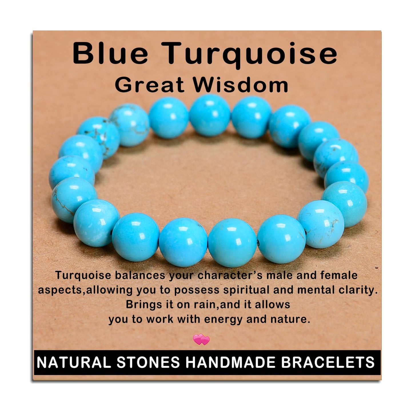 AD Beads Handmade Gemstone Stretch Elastic Bracelet Crystal Healing Reiki Nature's Beauty and Spiritual Essence Unisex (10mm, Blue Turquoise (Great Wisdom))