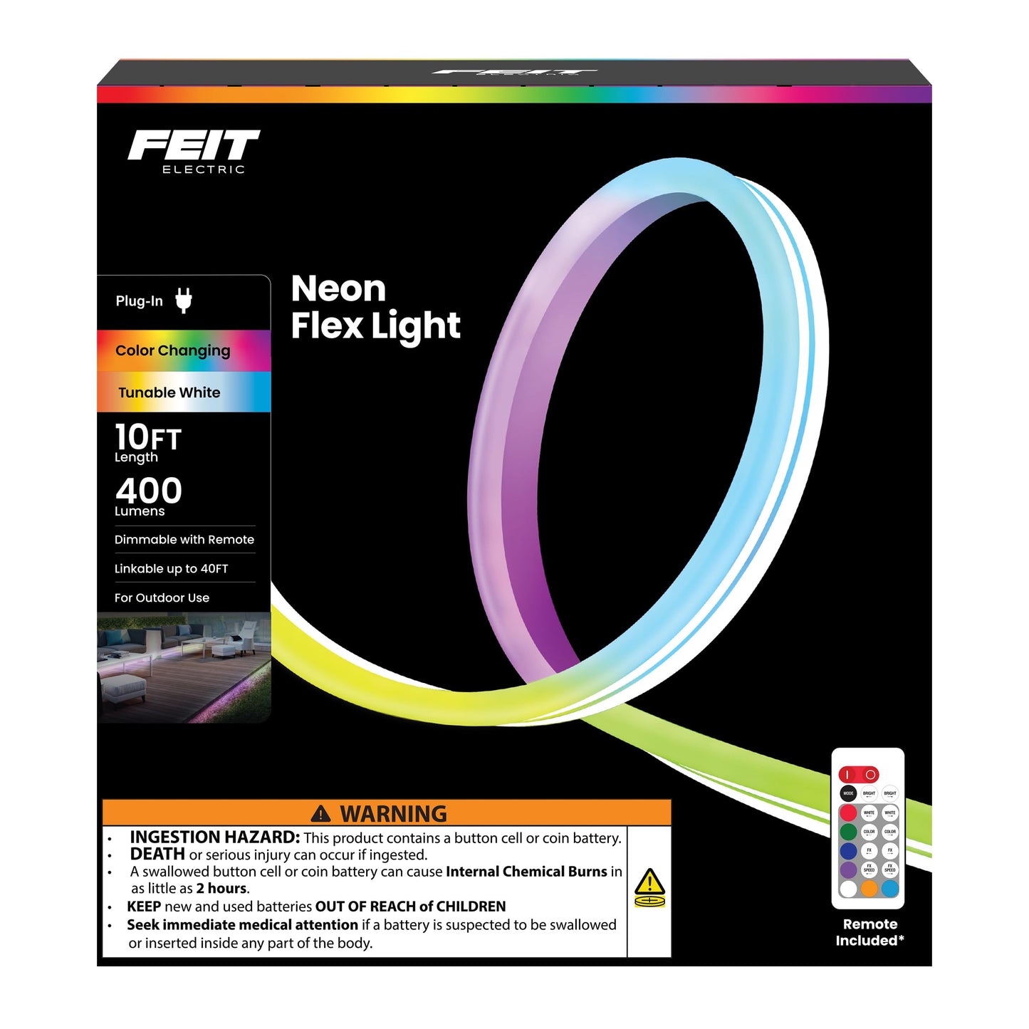 Feit Electric 10ft Outdoor Color & Tunable White Neon Flex Light, Dimmable, Bendable Strip with Remote Control, Chasing Effects, Plug-in, Linkable up to 20ft, Ideal for Decks & Patios, NF10/CHASE