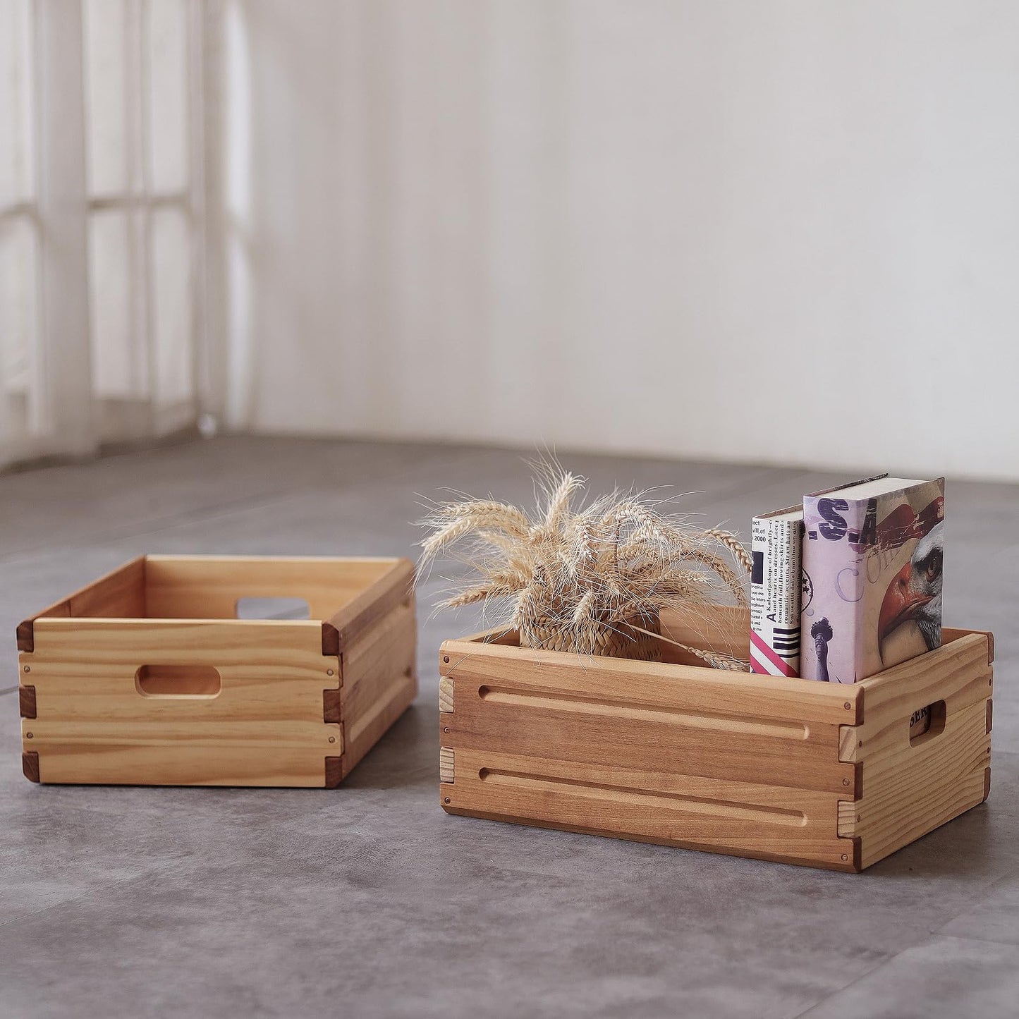 KLZLQ-XINCHEN 1 Pack Wooden Storage Bin of 16"x12"x6.25".Durable Open Solid Wood Box w/Handles.Farmhouse Container Shelf Baskets. Multipurpose Home Décor Organizer Crates for Display,Pantry,Book,CD