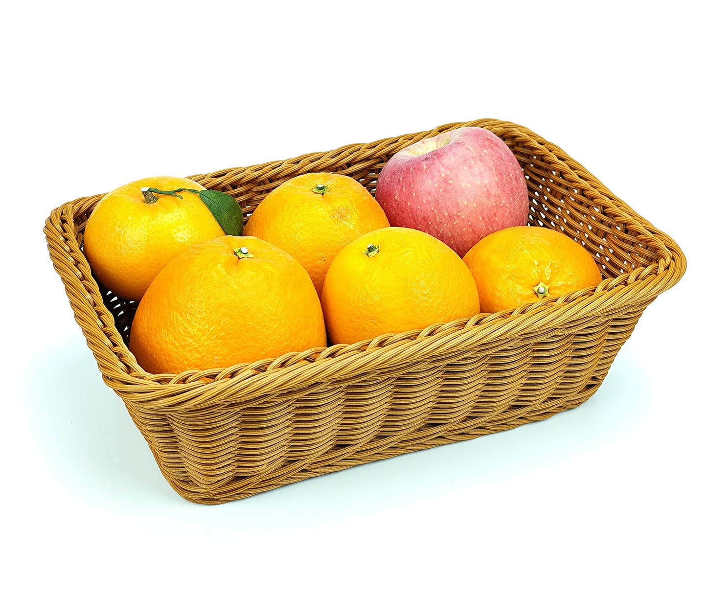 12" Poly Wicker Bread Basket, Hand Woven Food Storage Room Organizer, Fruits, Vegetables and Snacks Tabletop Food Serving Basket, Restaurant, Hotel Service, Brown