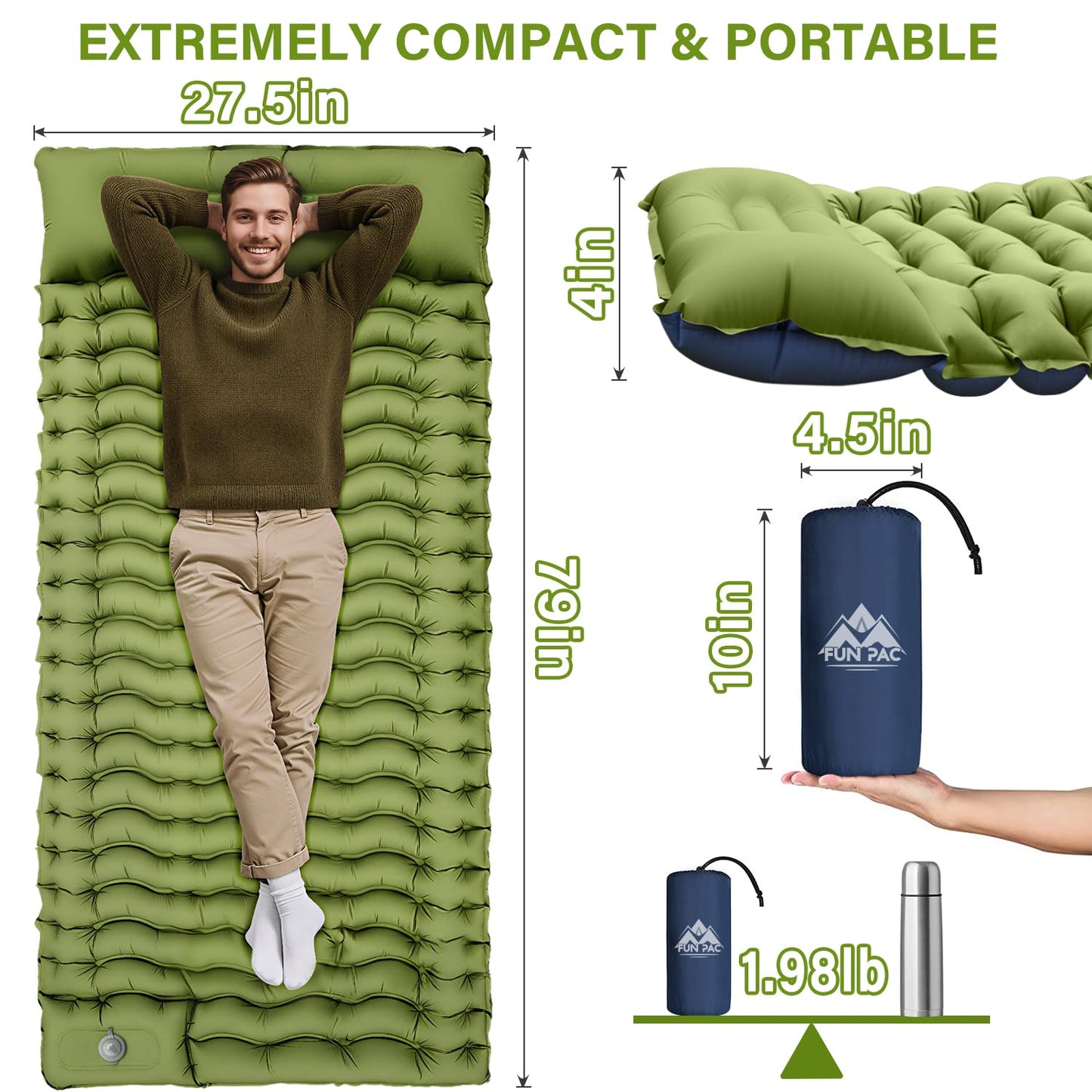 FUN PAC Camping Sleeping Pad, Ultralight Camping Mat with Pillow, Built-in Foot Pump Inflatable Sleeping Pads Compact for Camping Backpacking Hiking Traveling Tent,Single,Green